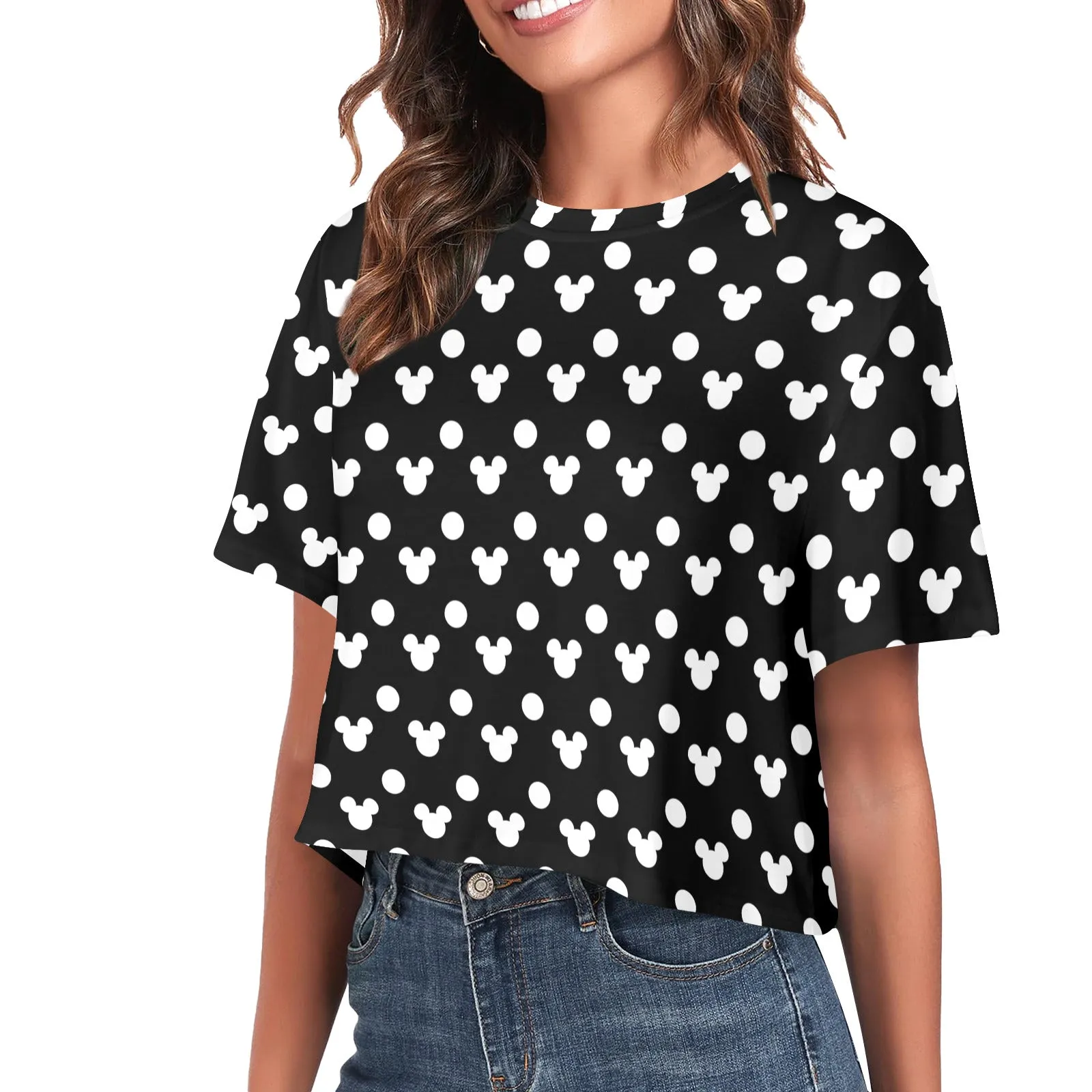 Black With White Mickey Polka Dots Women's Cropped T-shirt