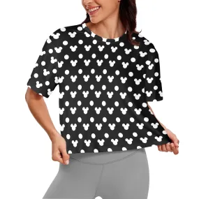 Black With White Mickey Polka Dots Women's Cropped T-shirt