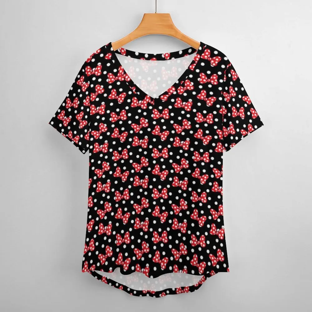 Black With White Polka Dots And Bows Women's V-Neck T-Shirt