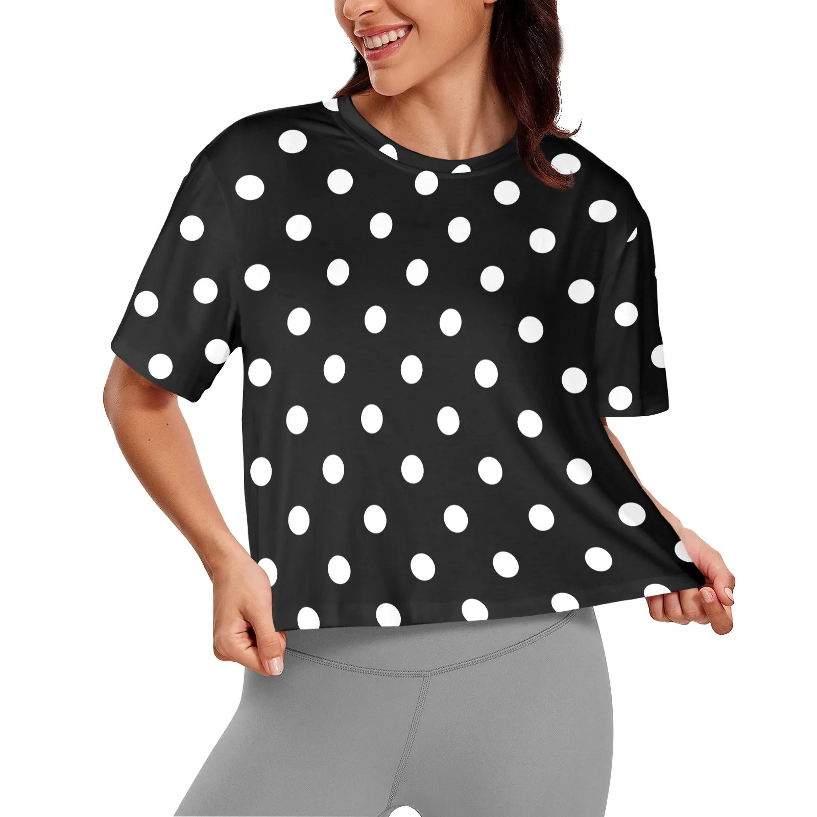 Black With White Polka Dots Women's Cropped T-shirt