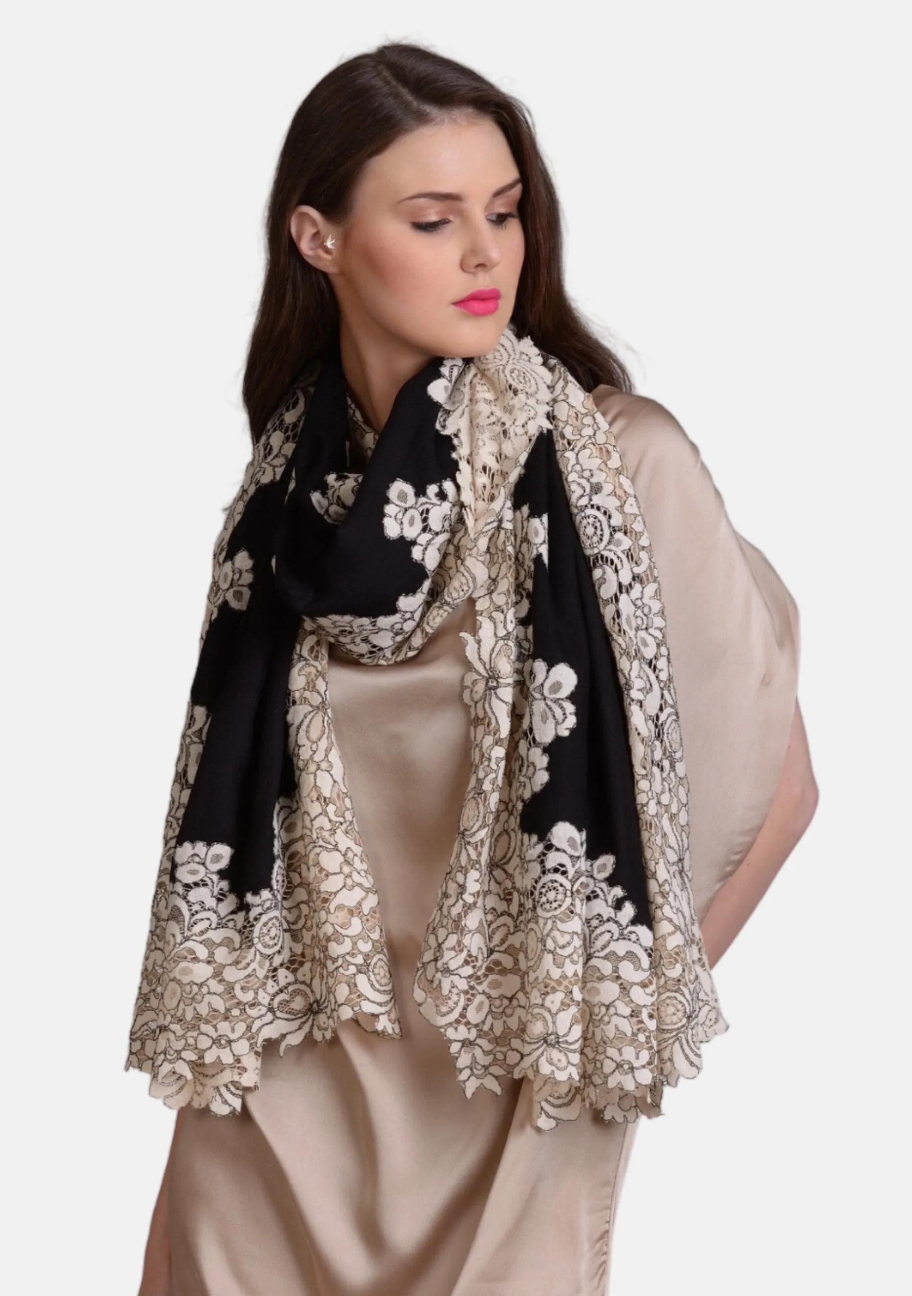 Black Wool & Silk Scarf with Beige Corded Lace Applique Border