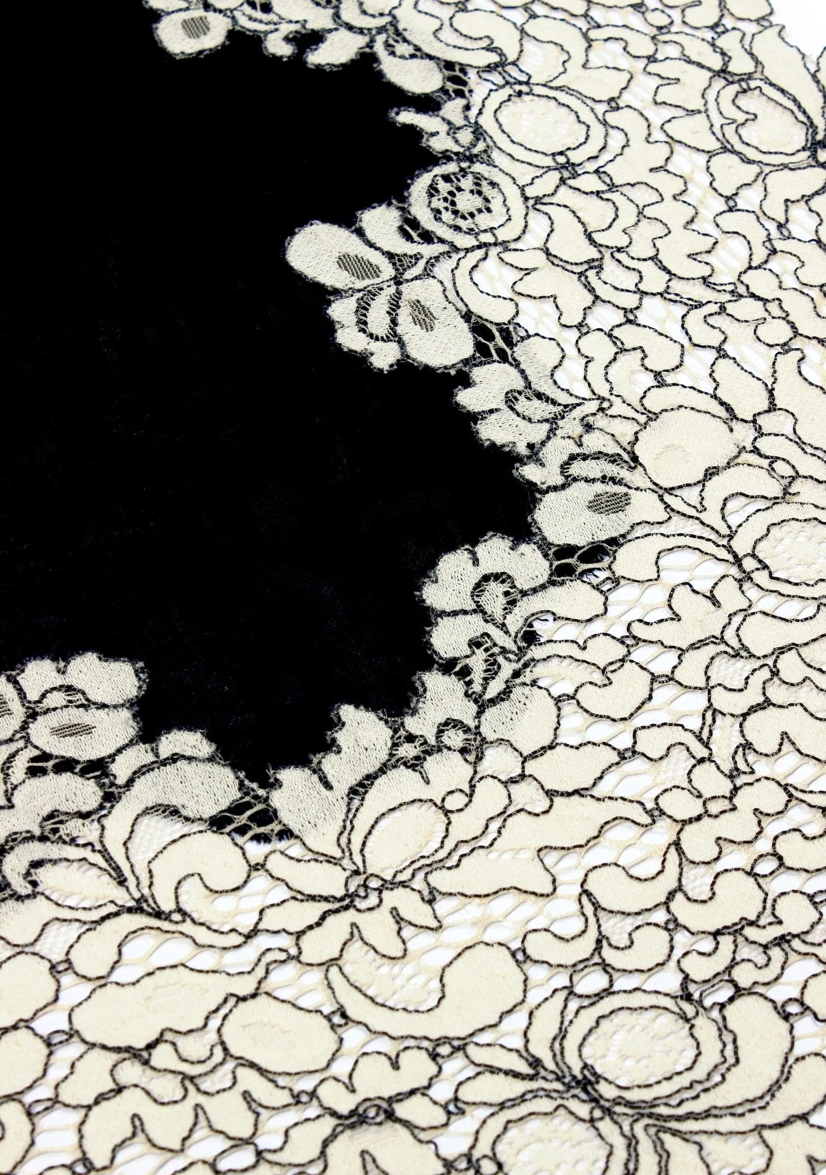 Black Wool & Silk Scarf with Beige Corded Lace Applique Border