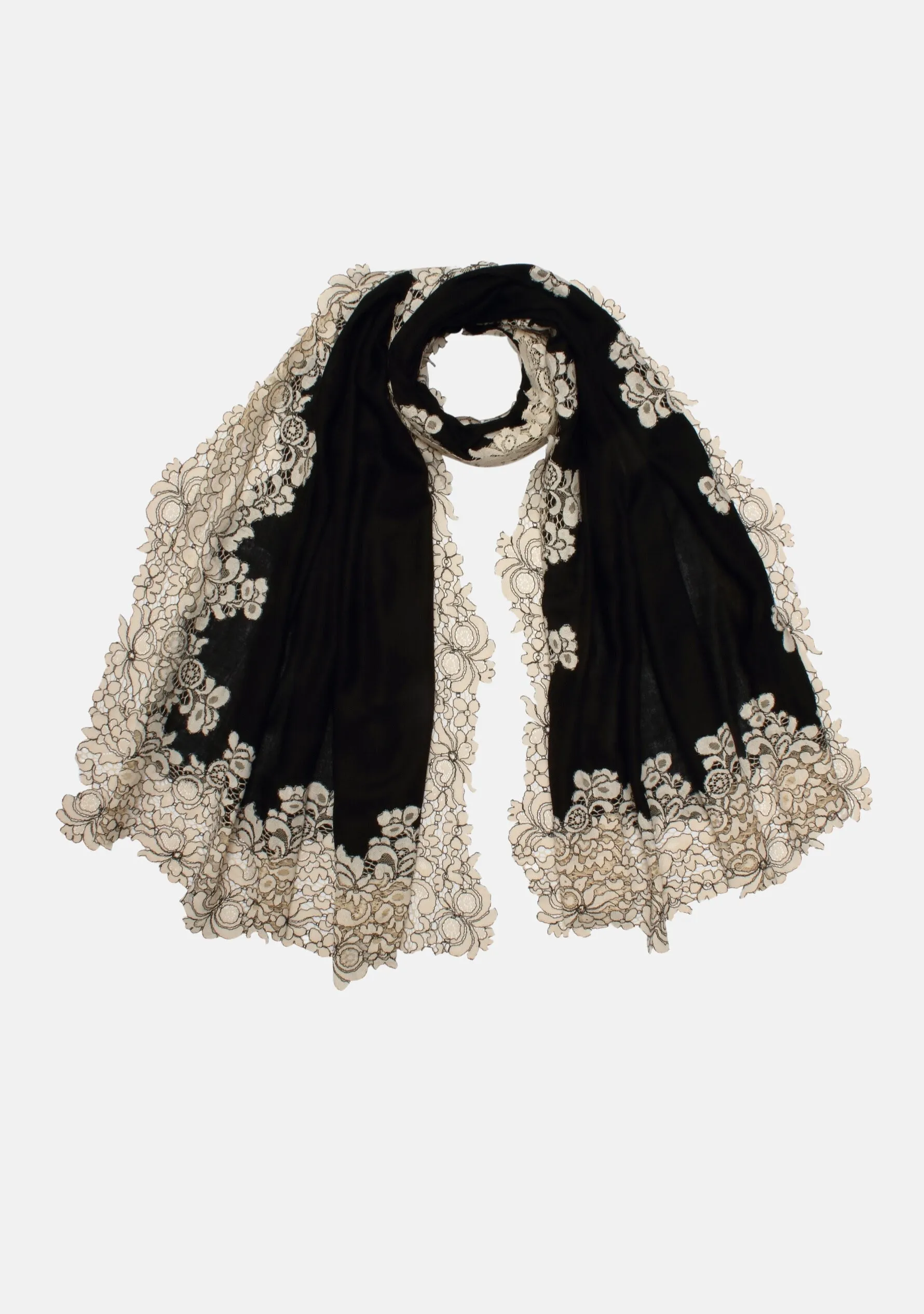 Black Wool & Silk Scarf with Beige Corded Lace Applique Border