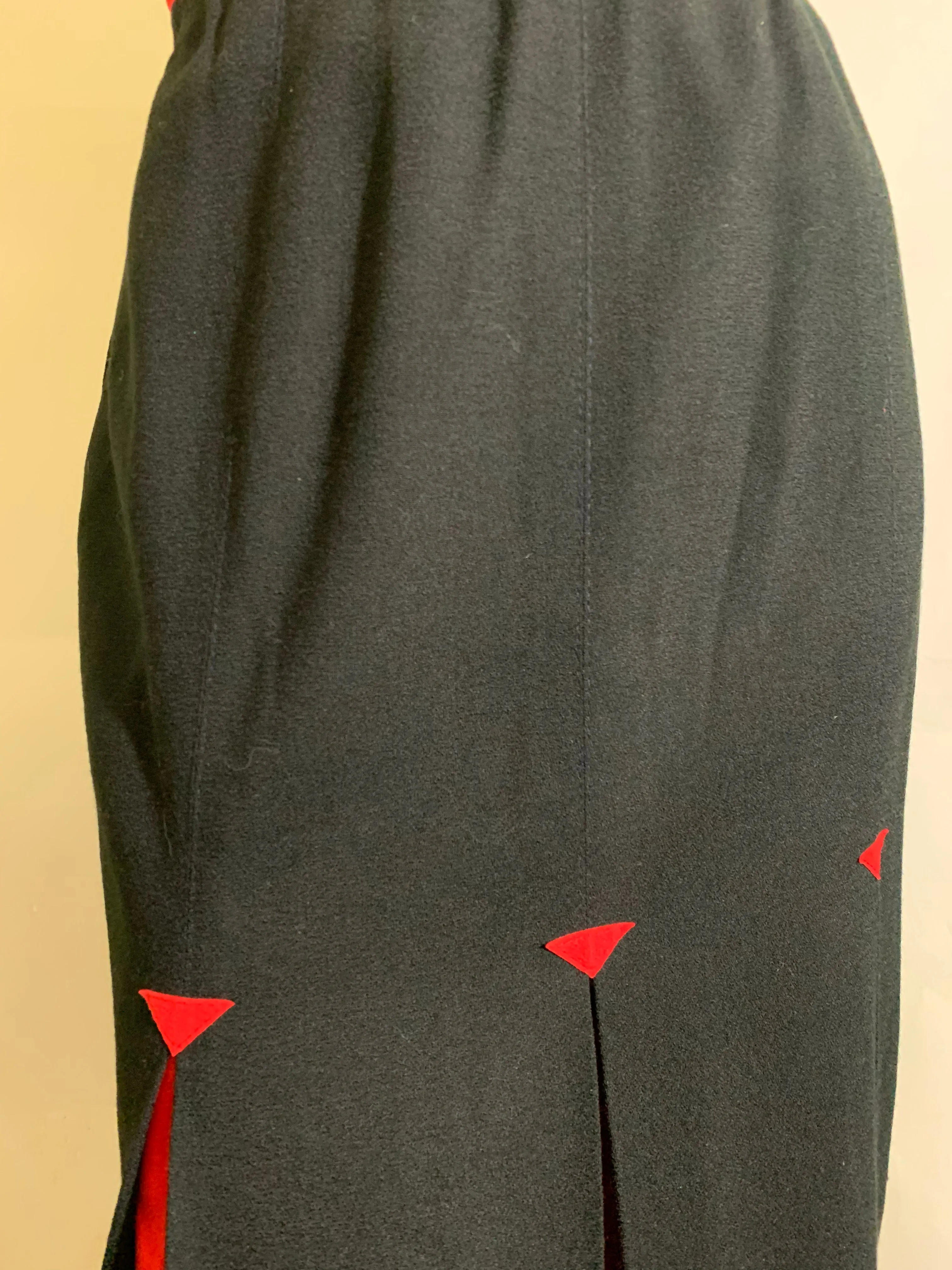 Black Wool Pencil Skirt with Red Pleats Rainbow Ultraseude Trim circa 1980s