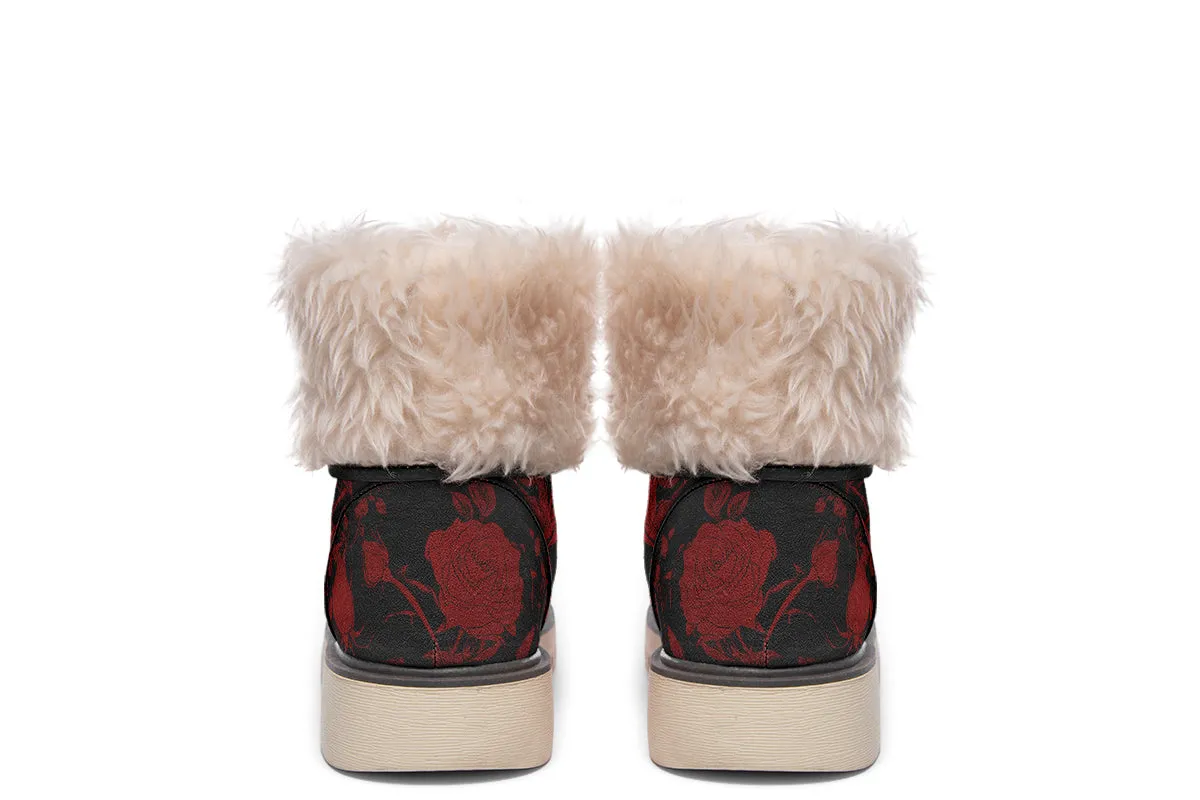 Blood Rose Romance Fold Over Winter Boots - Microsuede Vegan Boots with Fur Lining and Convertible Style