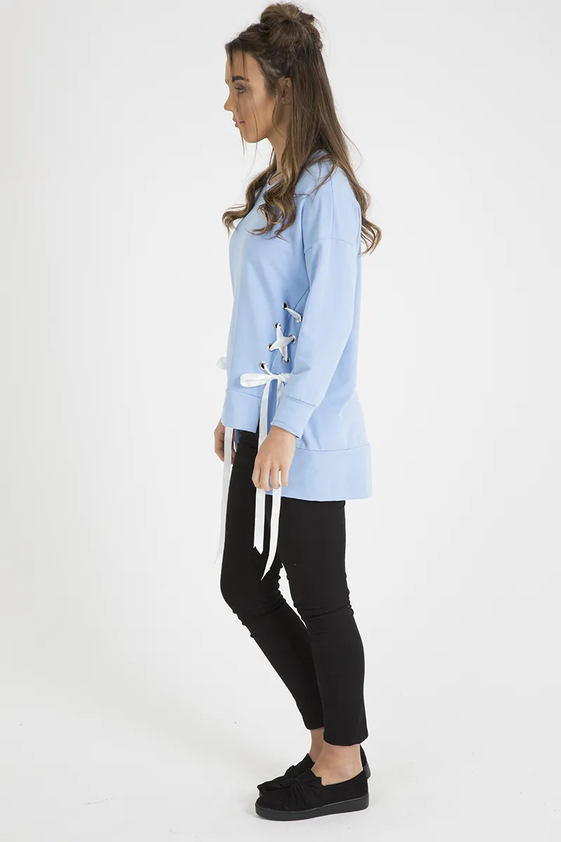 Blue Ribbon Lace Up Dipped Hem Jumper - Wilma