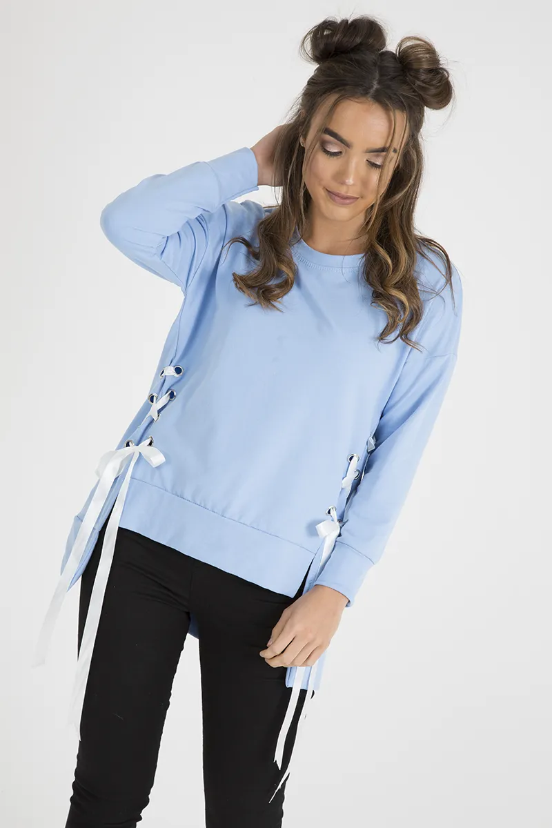 Blue Ribbon Lace Up Dipped Hem Jumper - Wilma