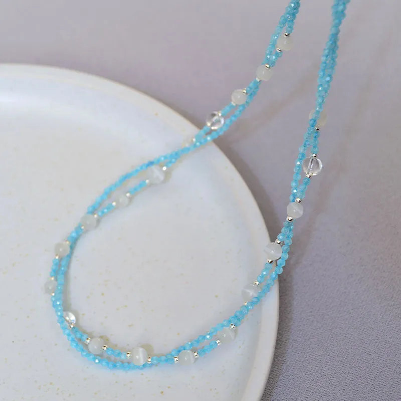 Blue Zircon & Cat's Eye Beaded Double Layer Necklace