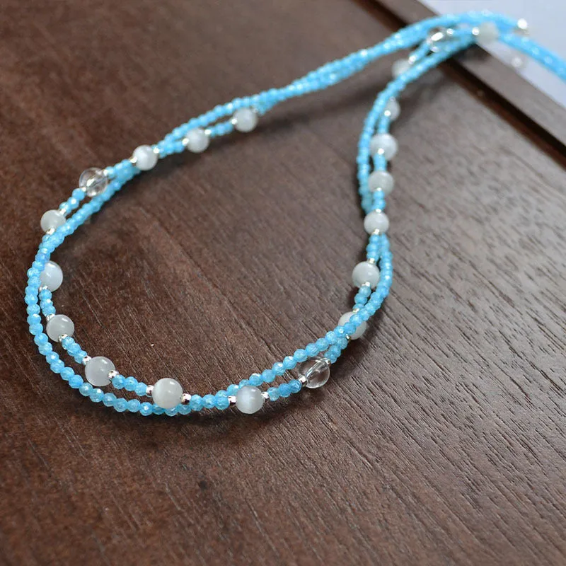 Blue Zircon & Cat's Eye Beaded Double Layer Necklace