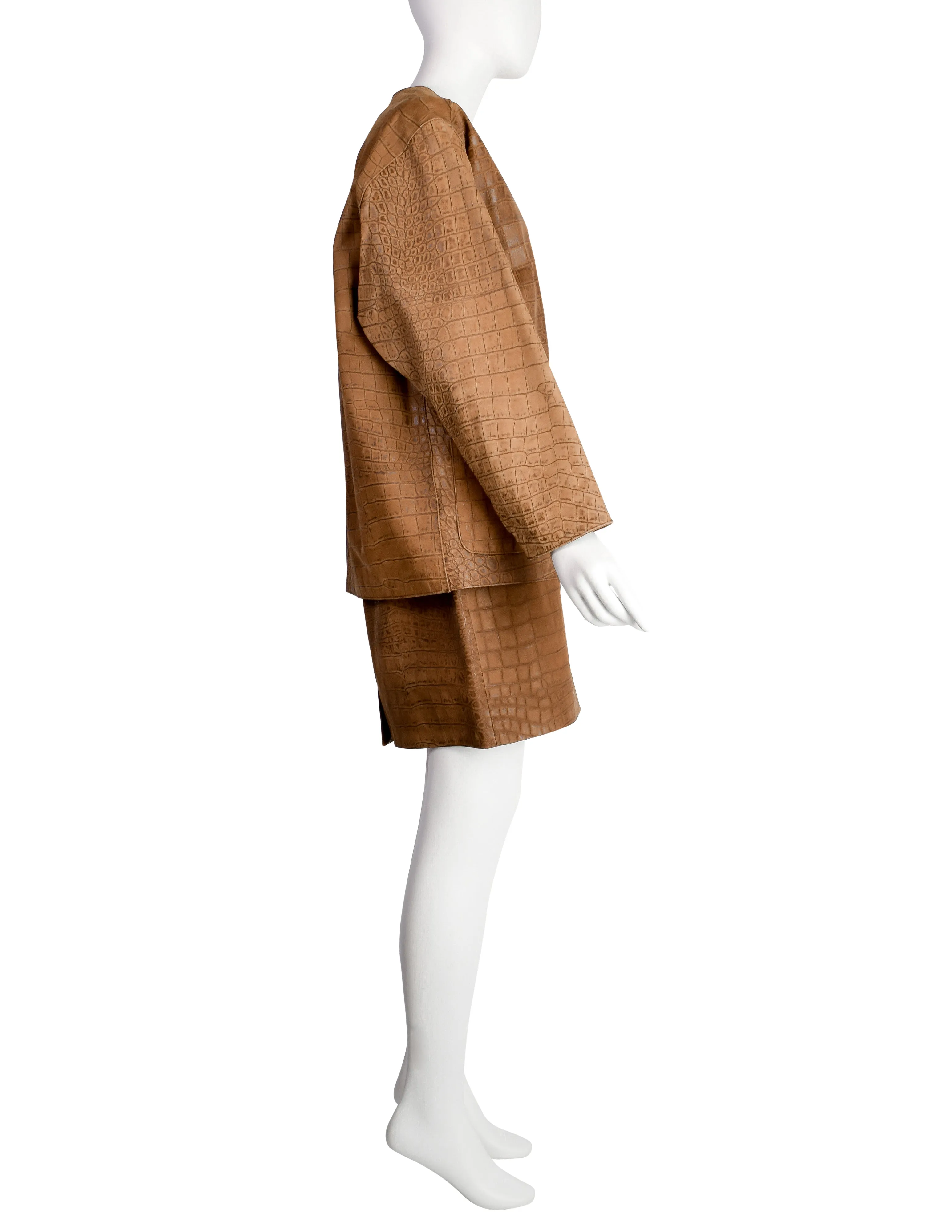 Bottega Veneta Vintage 1990s Brown Croc Embossed Leather Oversized Leather Jacket and Skirt Set