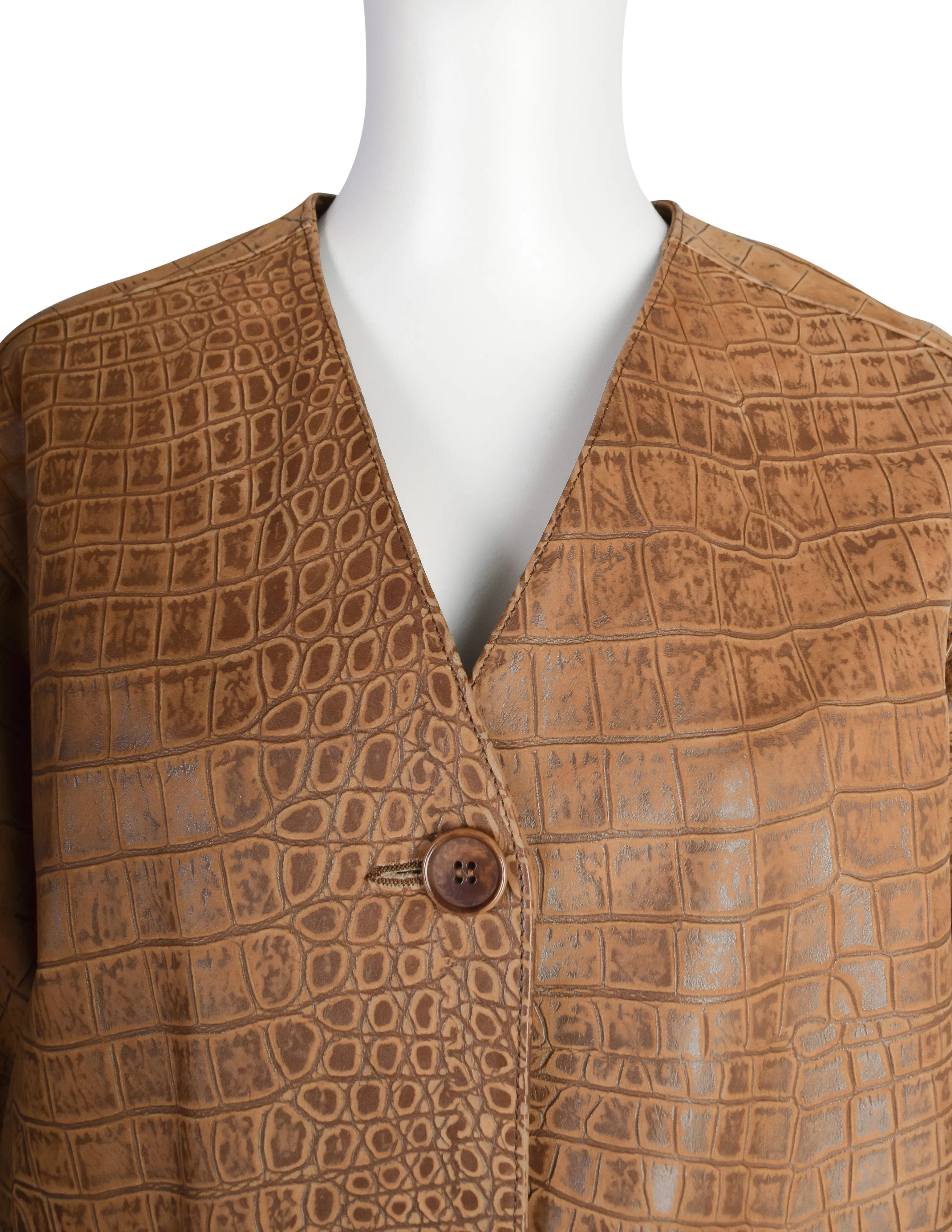 Bottega Veneta Vintage 1990s Brown Croc Embossed Leather Oversized Leather Jacket and Skirt Set