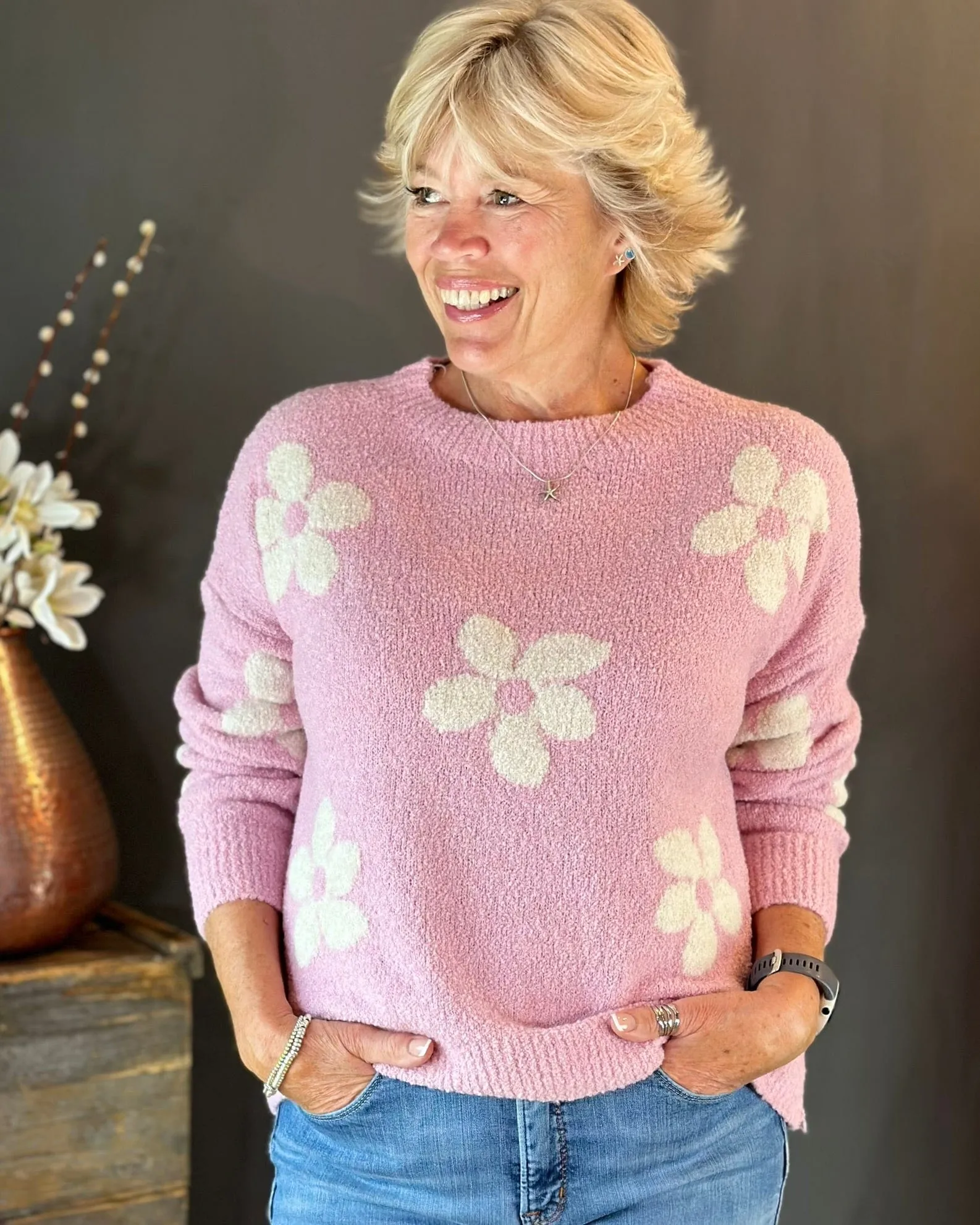 Boucle Knitted Flower Jumper - Baby Pink