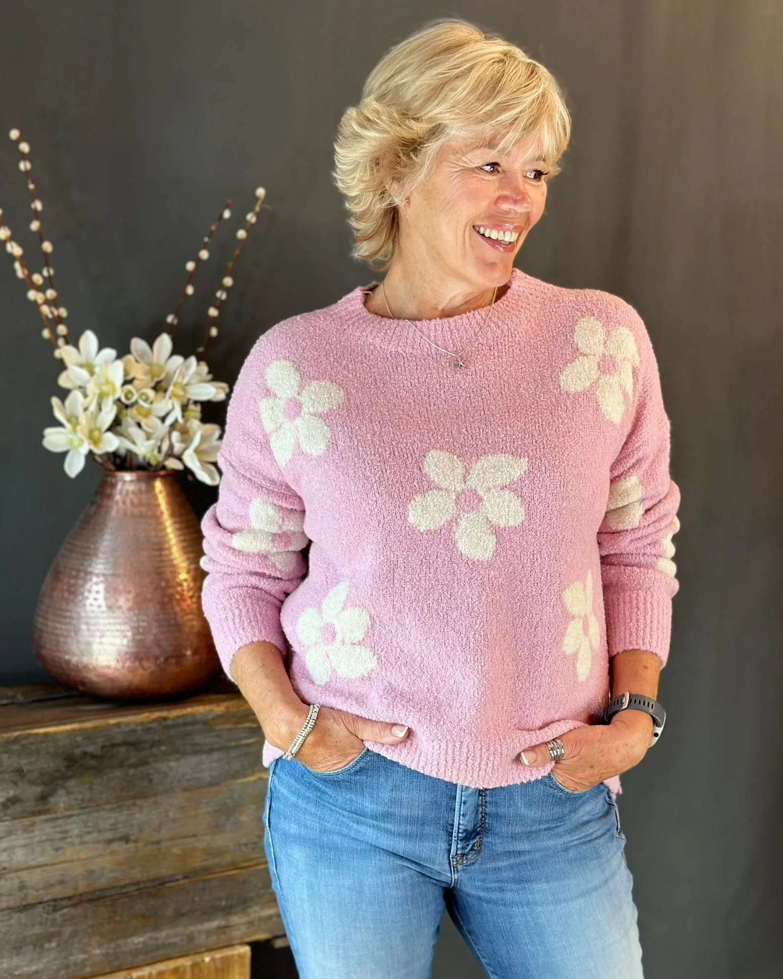 Boucle Knitted Flower Jumper - Baby Pink