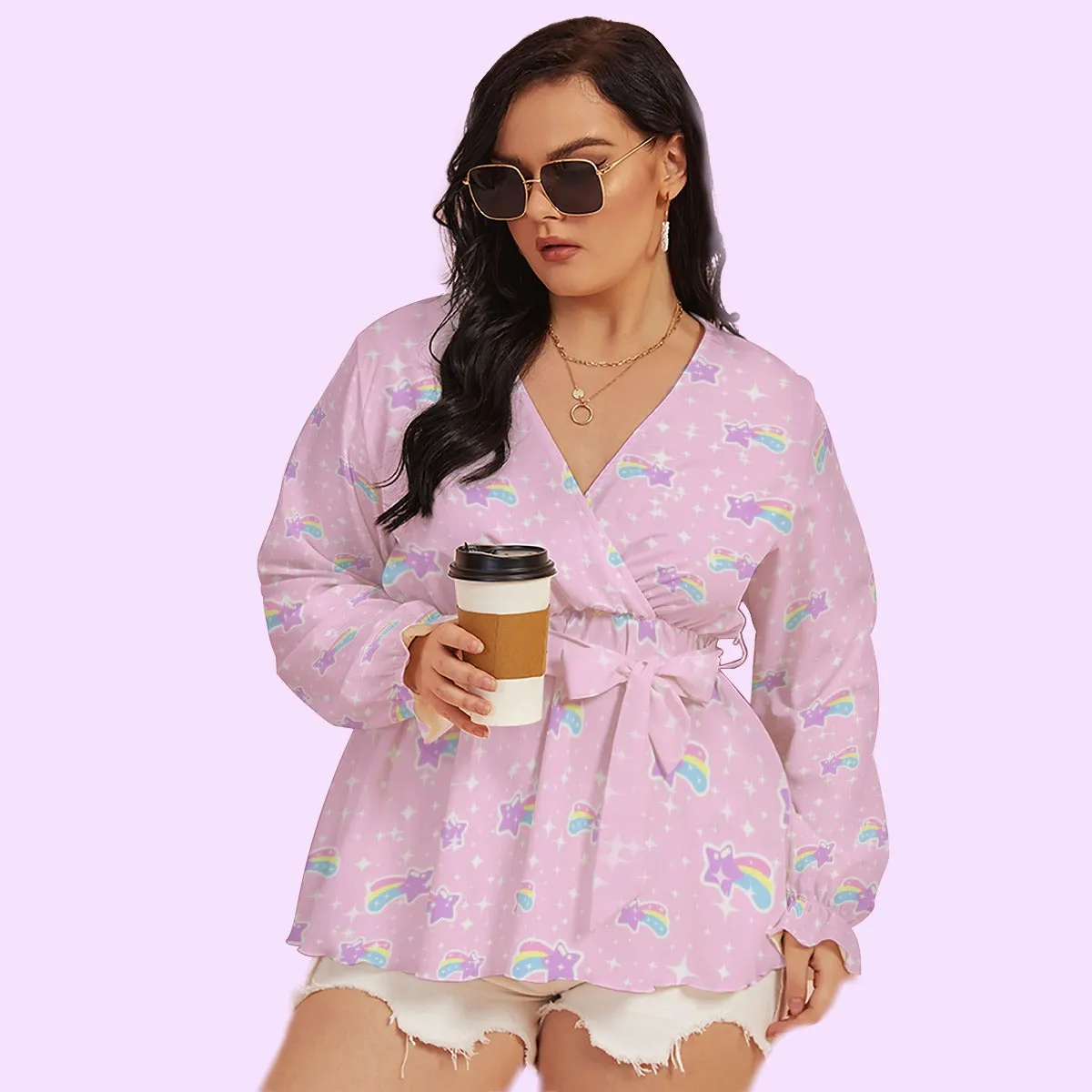 Bubblegum Bunny Shooting Stars Women's V-neck Long Sleeve Blouse With Waistband