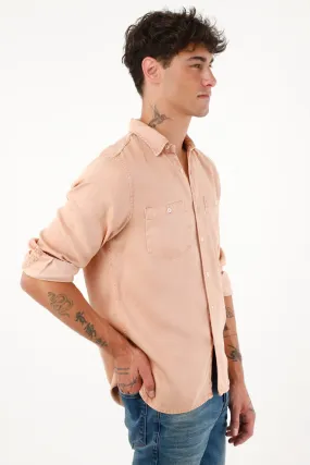 Camisa manga larga rosada con teñido overdye para hombre