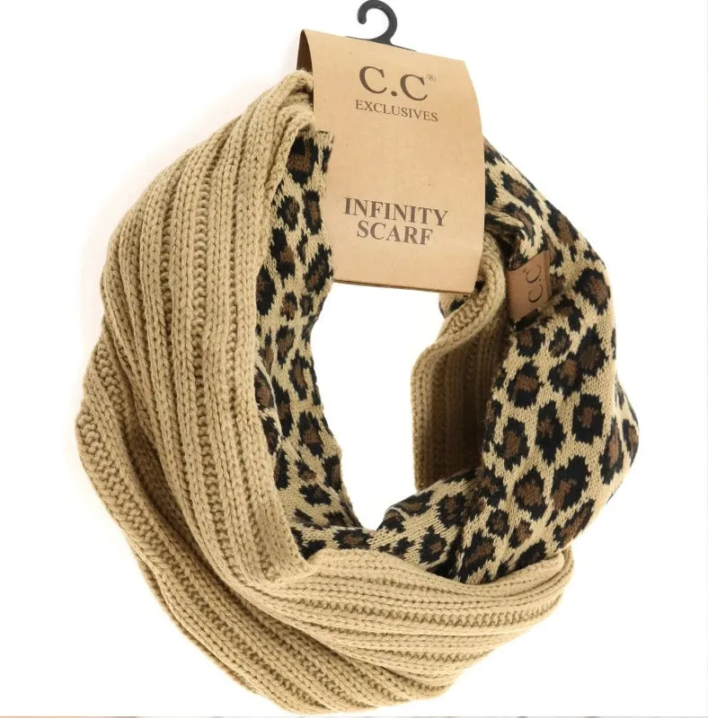 CC Beanie Ribbed Knit Leopard Print Infinity Scarf