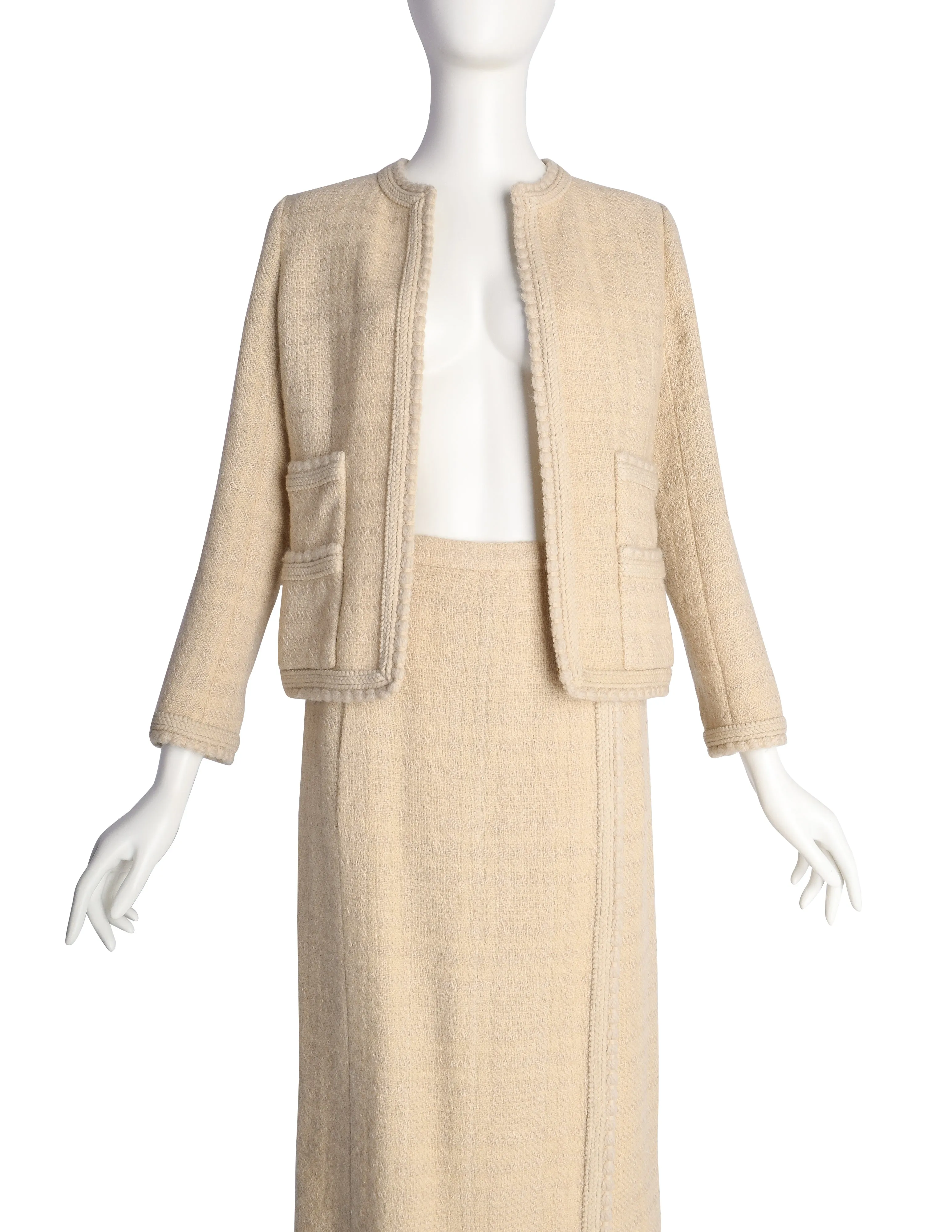 Chanel Vintage 1980s Almond Wool Tweed Boucle Jacket and Skirt Suit