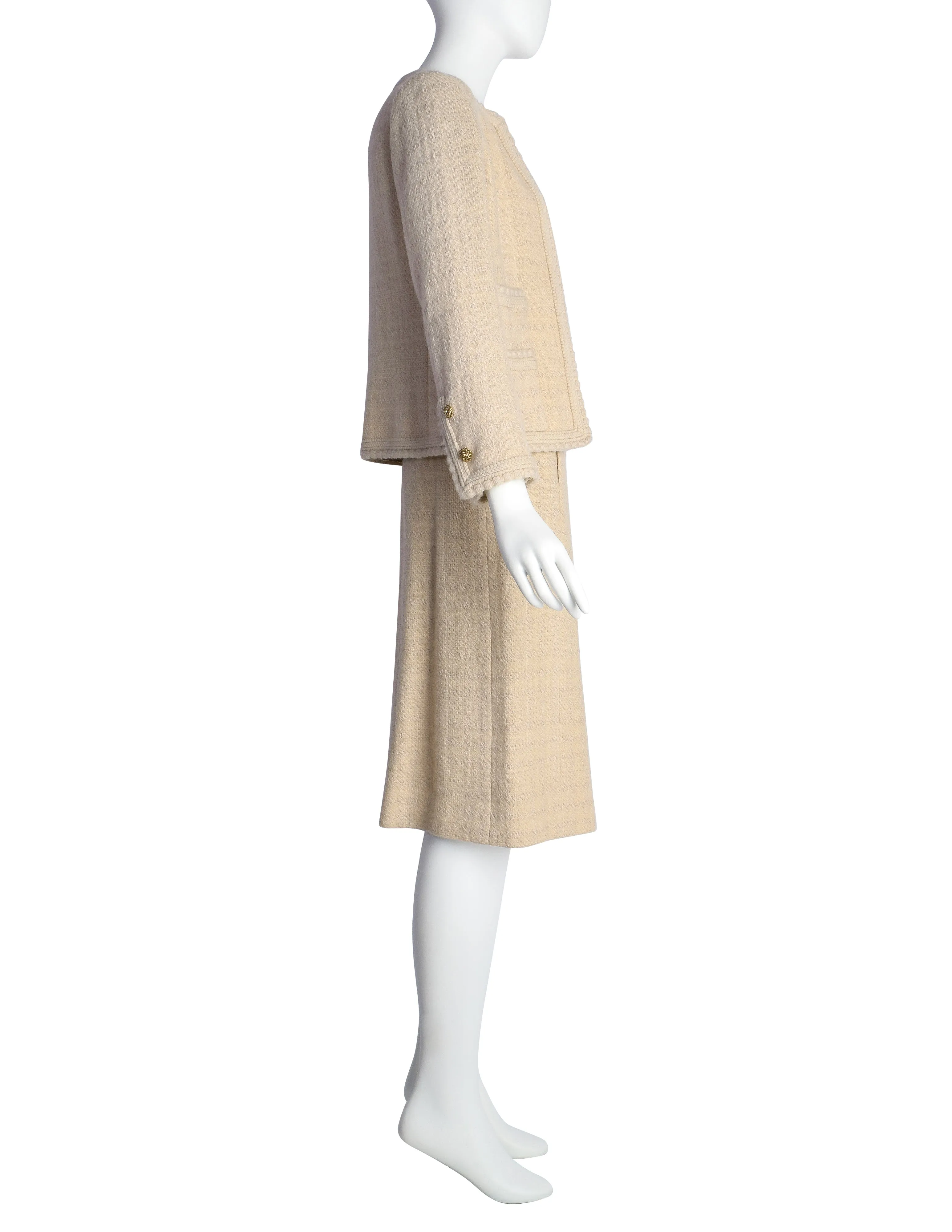 Chanel Vintage 1980s Almond Wool Tweed Boucle Jacket and Skirt Suit