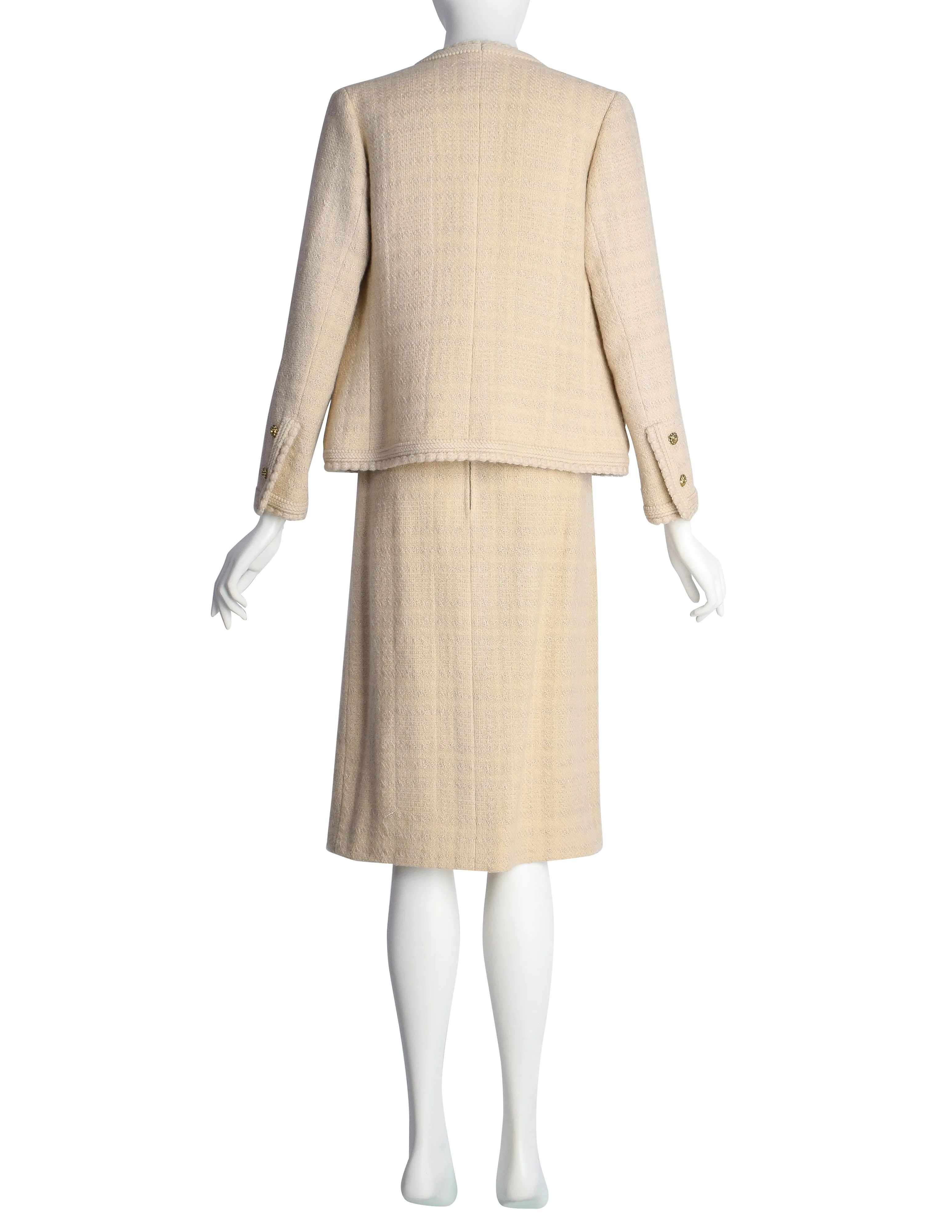 Chanel Vintage 1980s Almond Wool Tweed Boucle Jacket and Skirt Suit