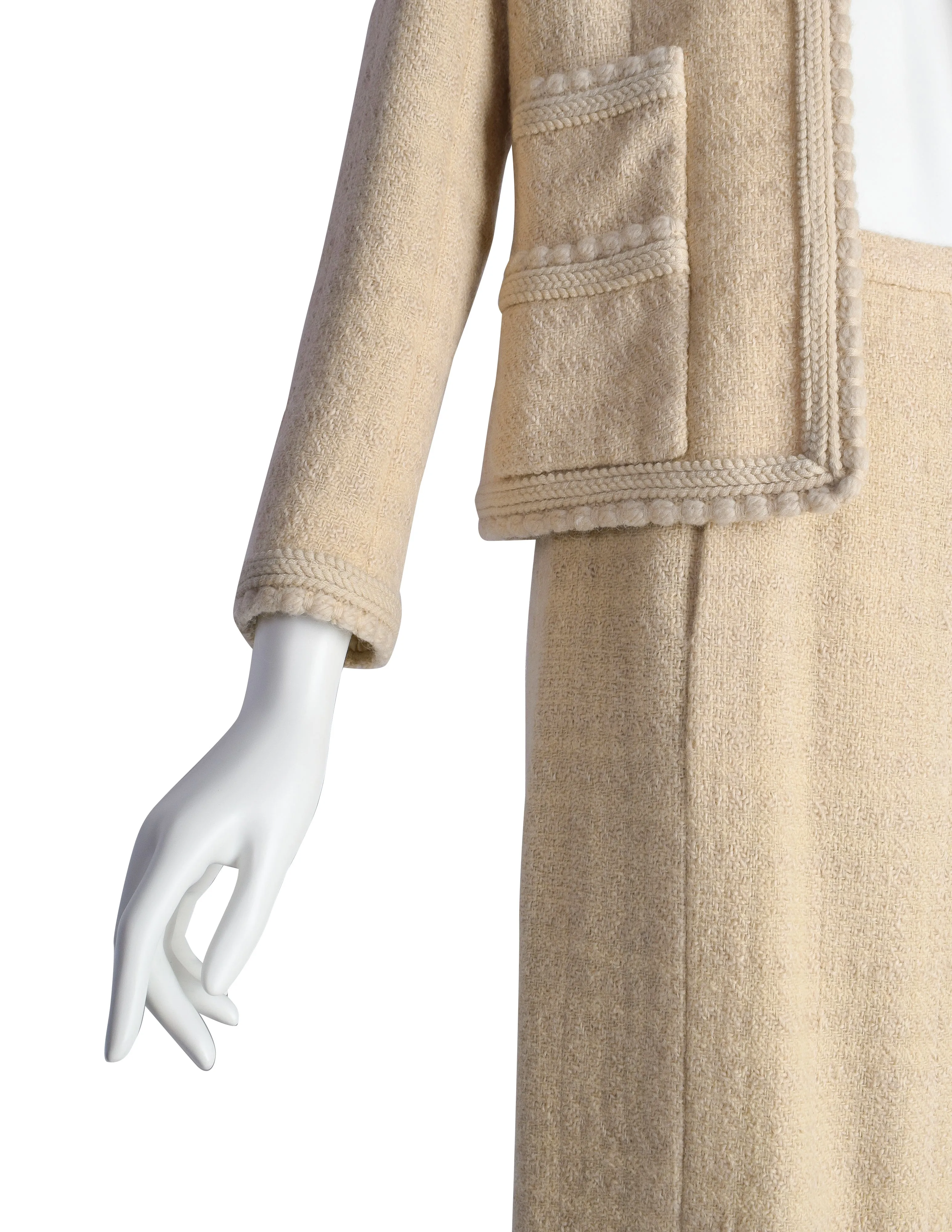 Chanel Vintage 1980s Almond Wool Tweed Boucle Jacket and Skirt Suit