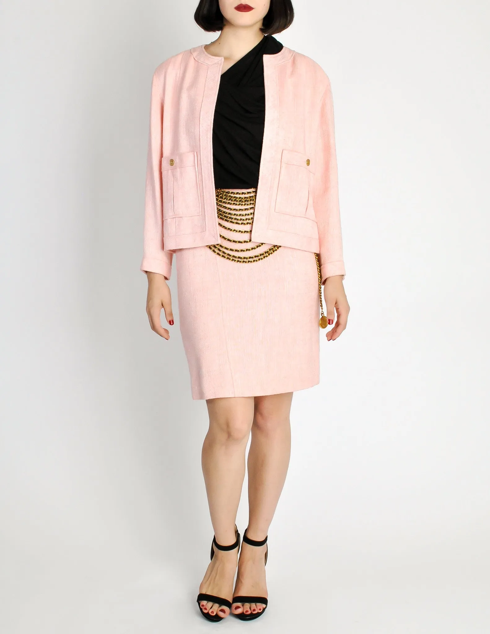 Chanel Vintage Pink Nubby Linen Tweed Two-Piece Jacket and Skirt Suit