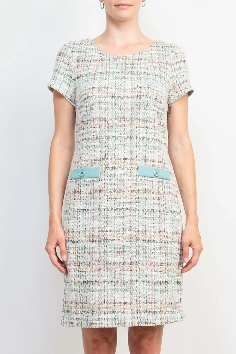 Connected Apparel Scoop Neck Short Sleeve Faux Pockets Shift Knit Dress