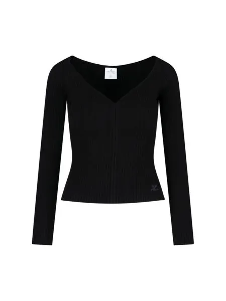 COURREGÈS Raffia V-Neck Jumper in Navy Blue for Women - FW22