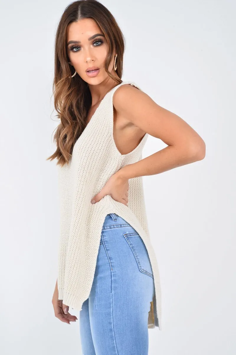 Cream Chunky Knit Sleeveless V Neck Jumper - Zaliyah