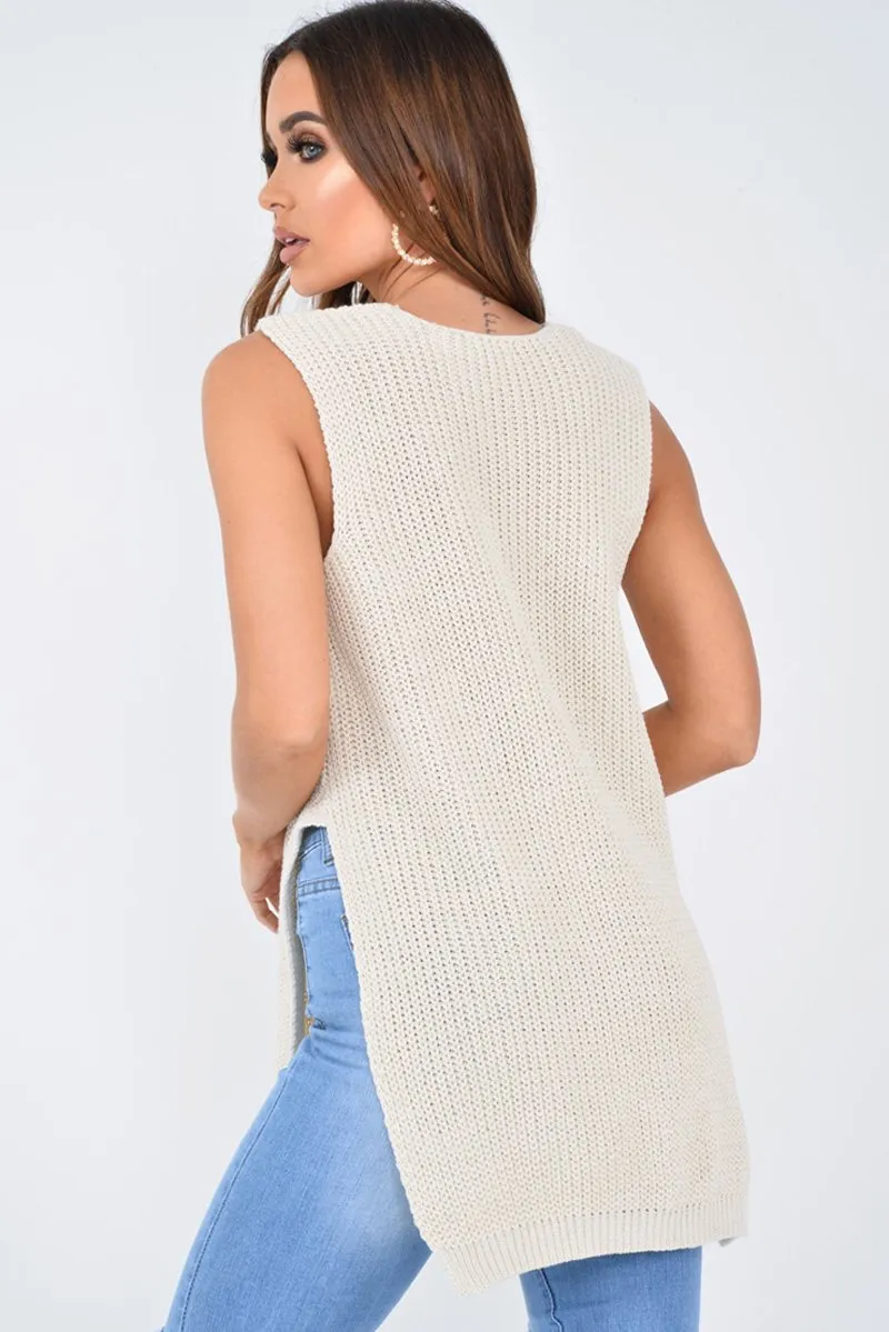 Cream Chunky Knit Sleeveless V Neck Jumper - Zaliyah