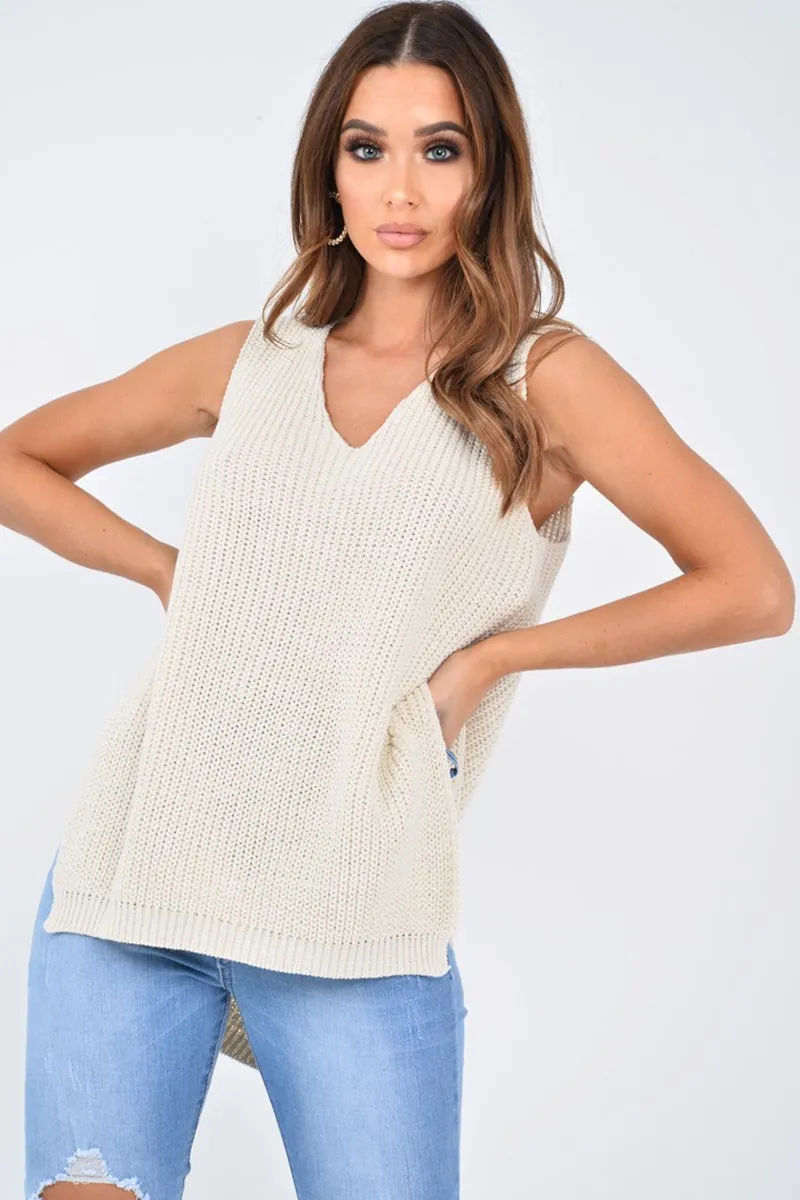 Cream Chunky Knit Sleeveless V Neck Jumper - Zaliyah