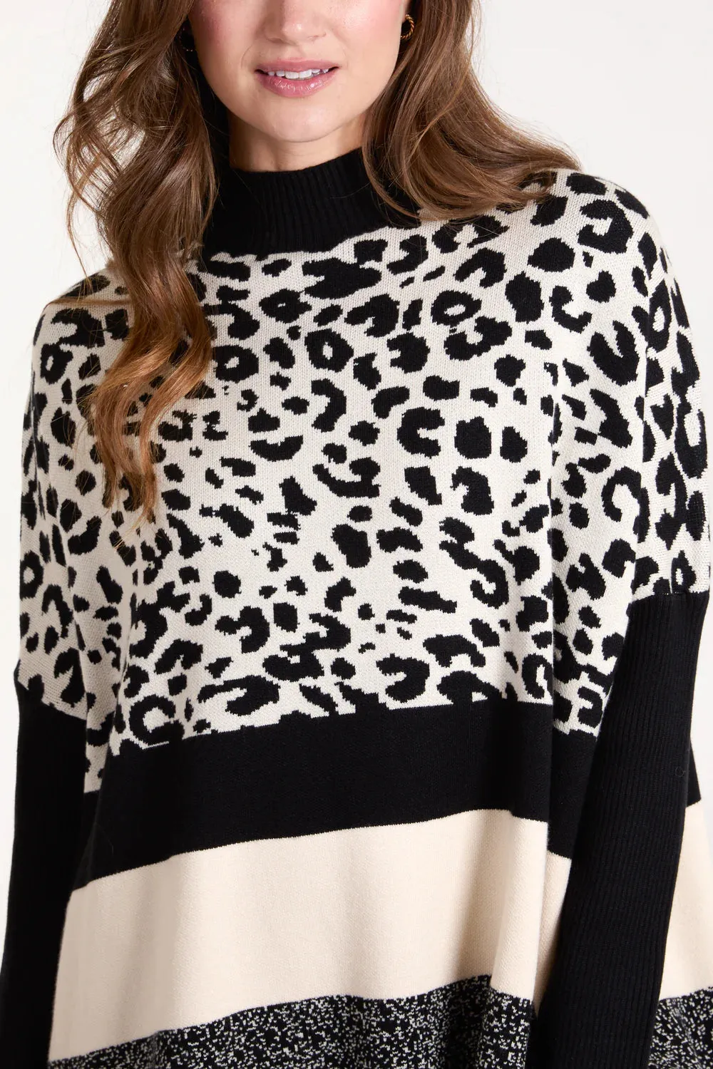 Curve Collection Black And Cream Turtle Neck Animal Print And Stripe Jumper