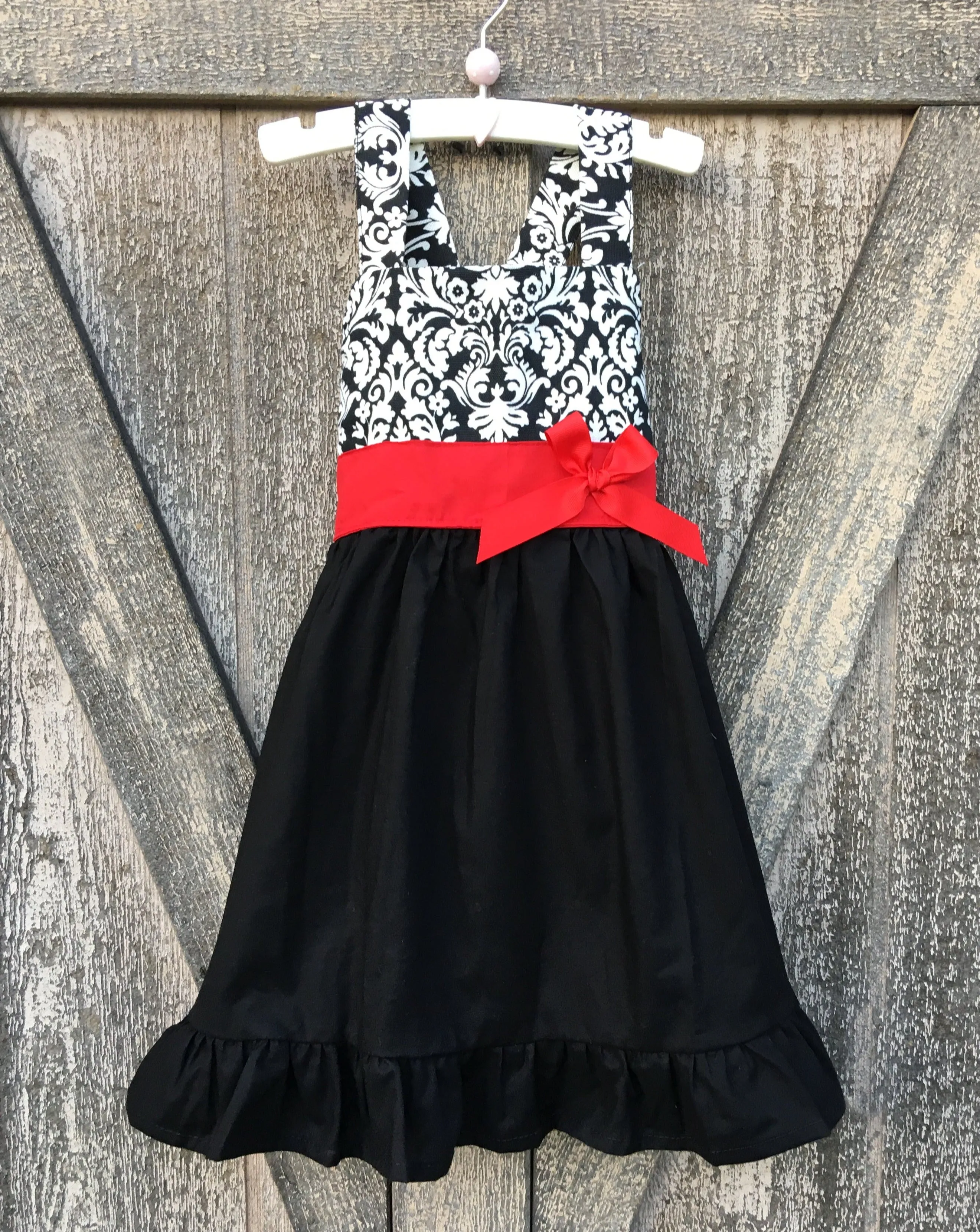 Damask Jumper Dress Red Sash Bow