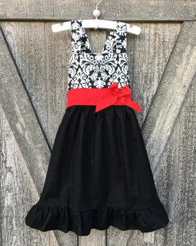 Damask Jumper Dress Red Sash Bow