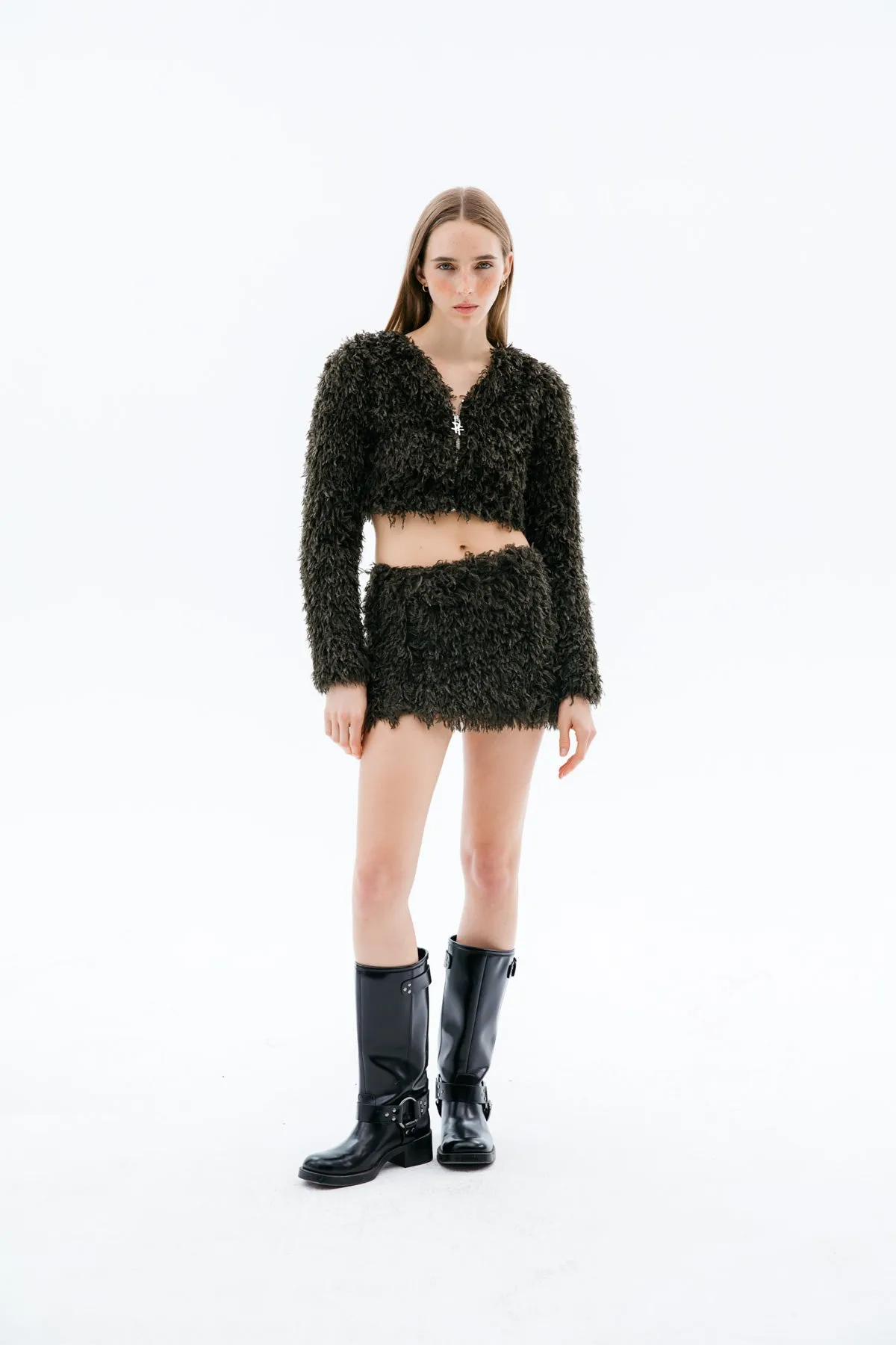 Dark Green Faux Fur Mini Skirt