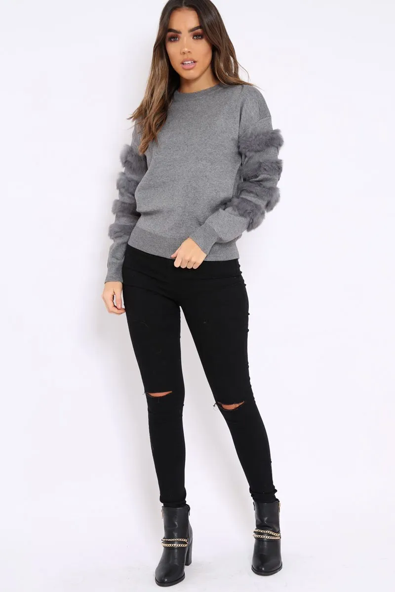 Dark Grey Fur Sleeve Knitted Jumper - Courtnie