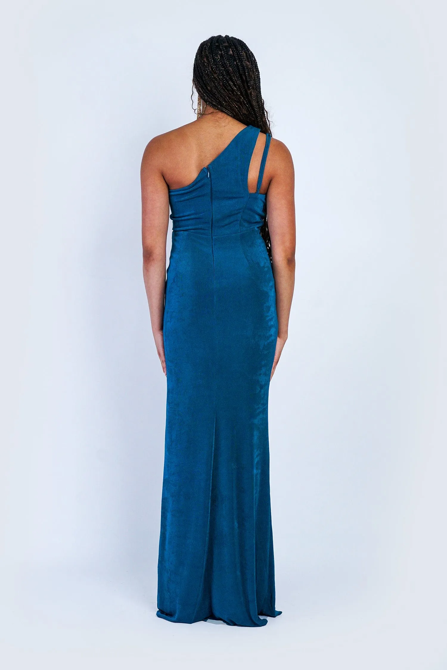 Deep Teal One Shoulder Fitted Knit Gown