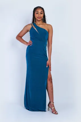 Deep Teal One Shoulder Fitted Knit Gown