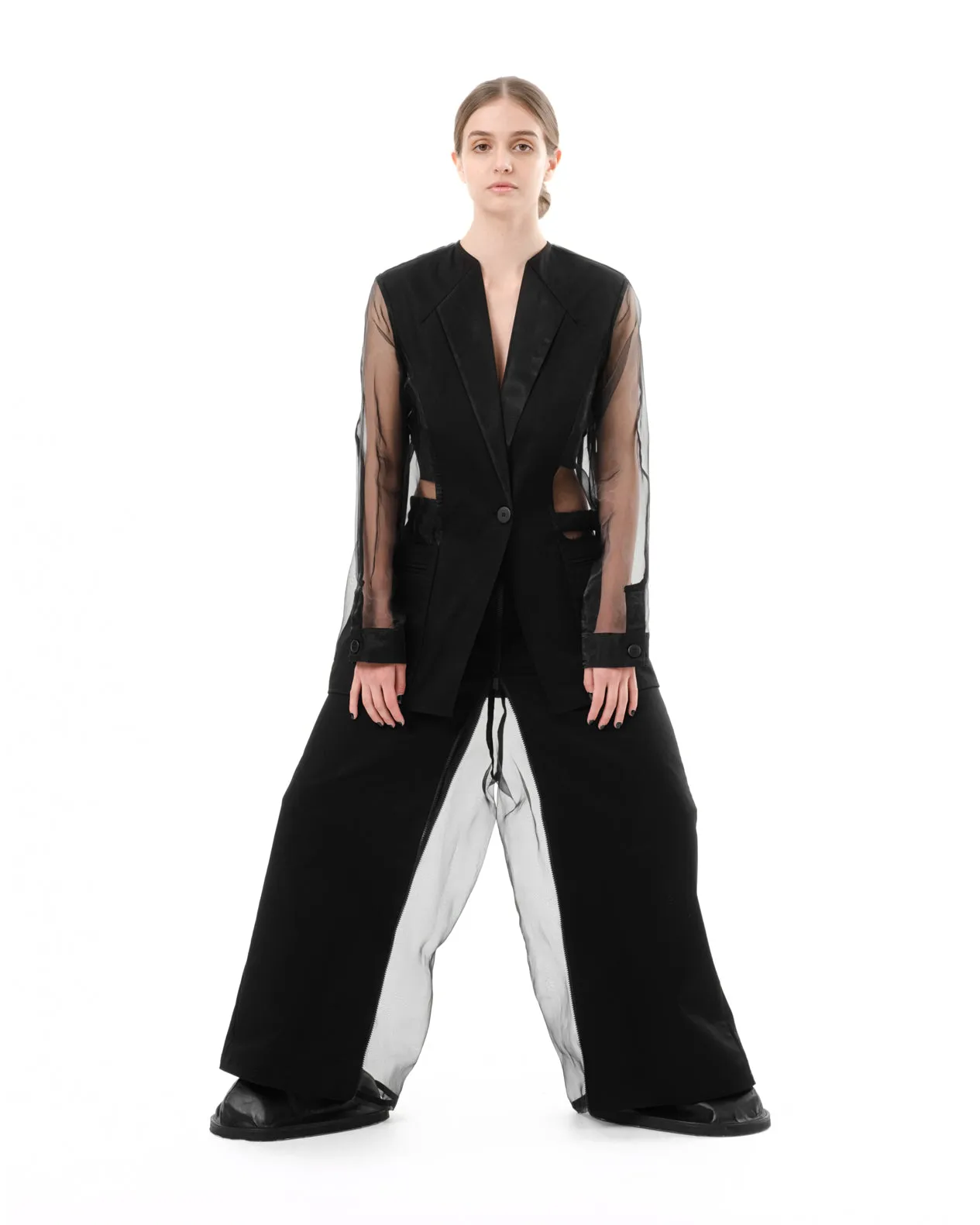 DIAPHANUM TRANSFORMER WIDE LEG ZIP UP TROUSERS