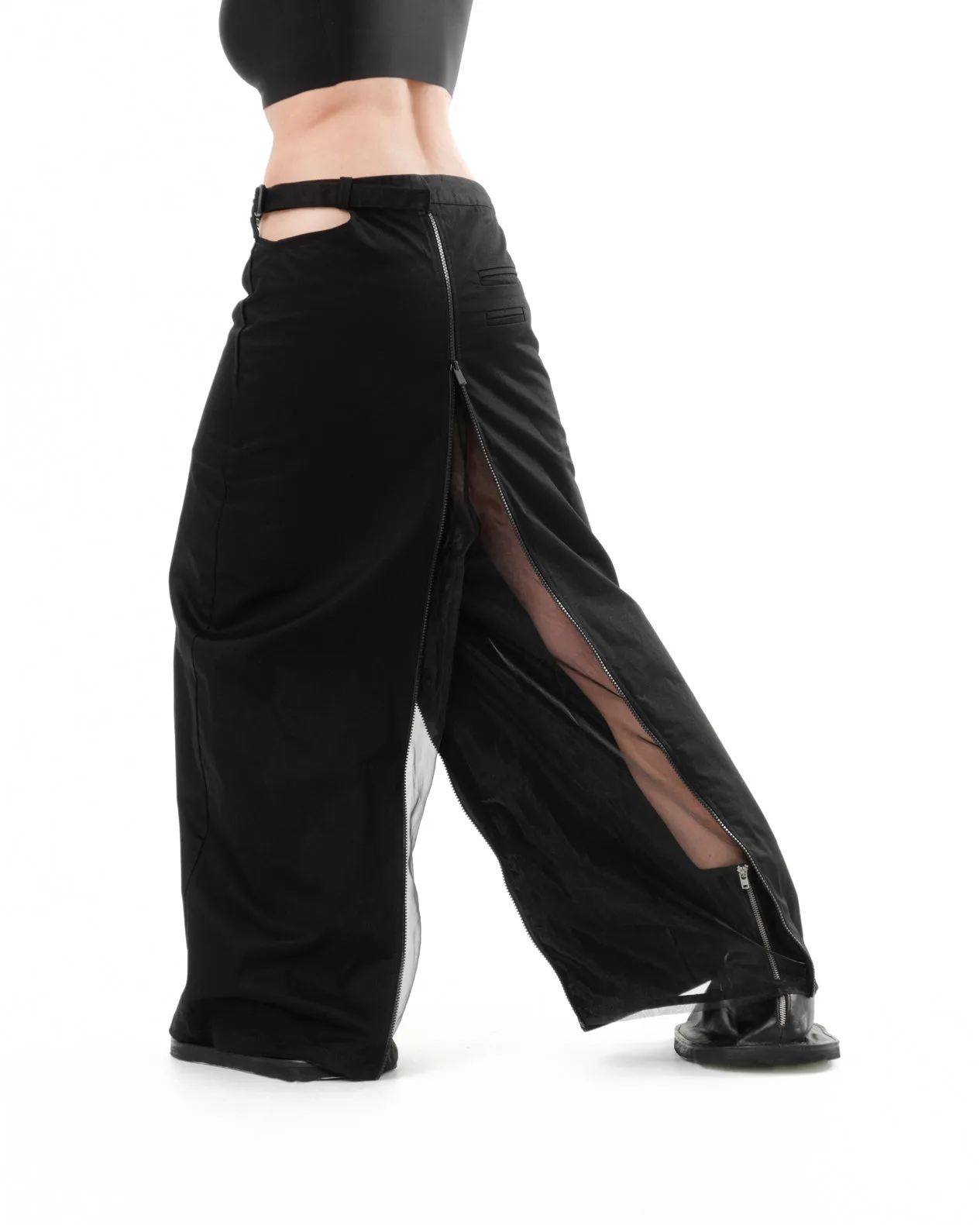 DIAPHANUM TRANSFORMER WIDE LEG ZIP UP TROUSERS