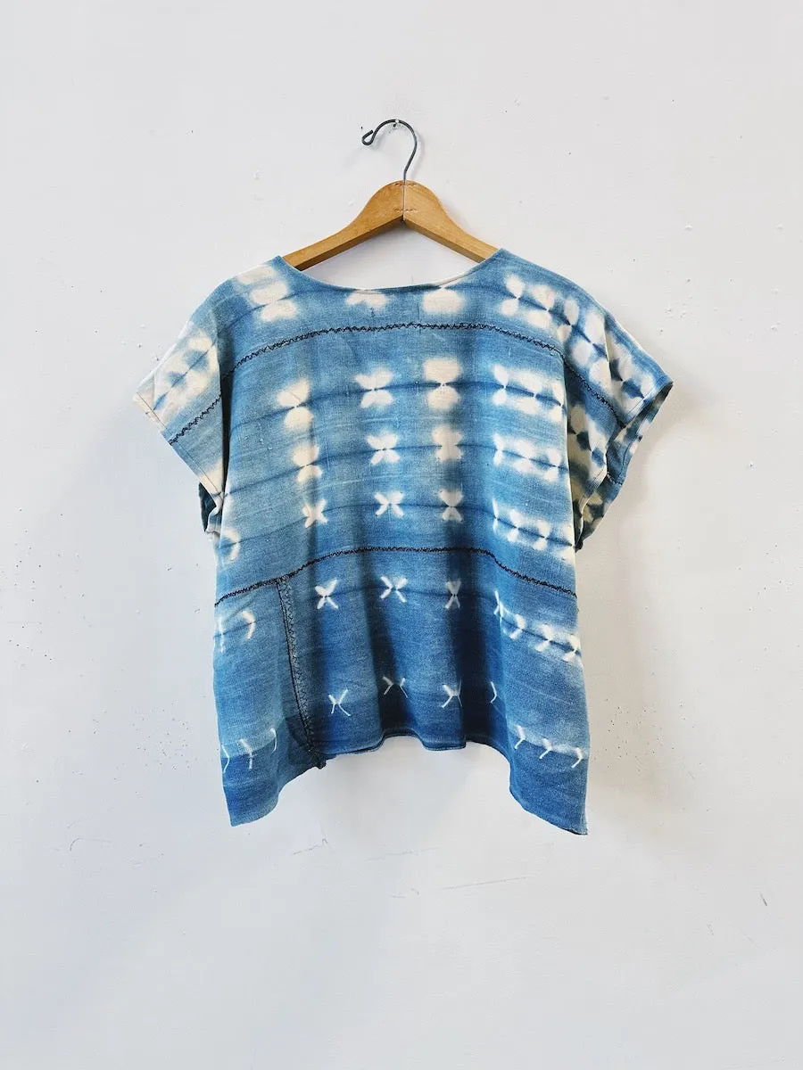 Distressed shibori Indigo box top