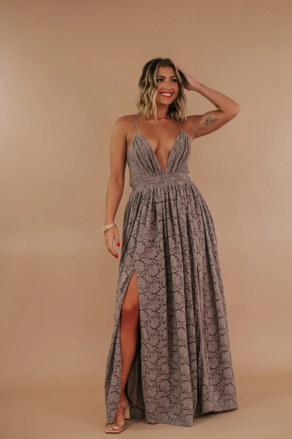 ECB Exclusive: Layla Lace Maxi Dress, Taupe