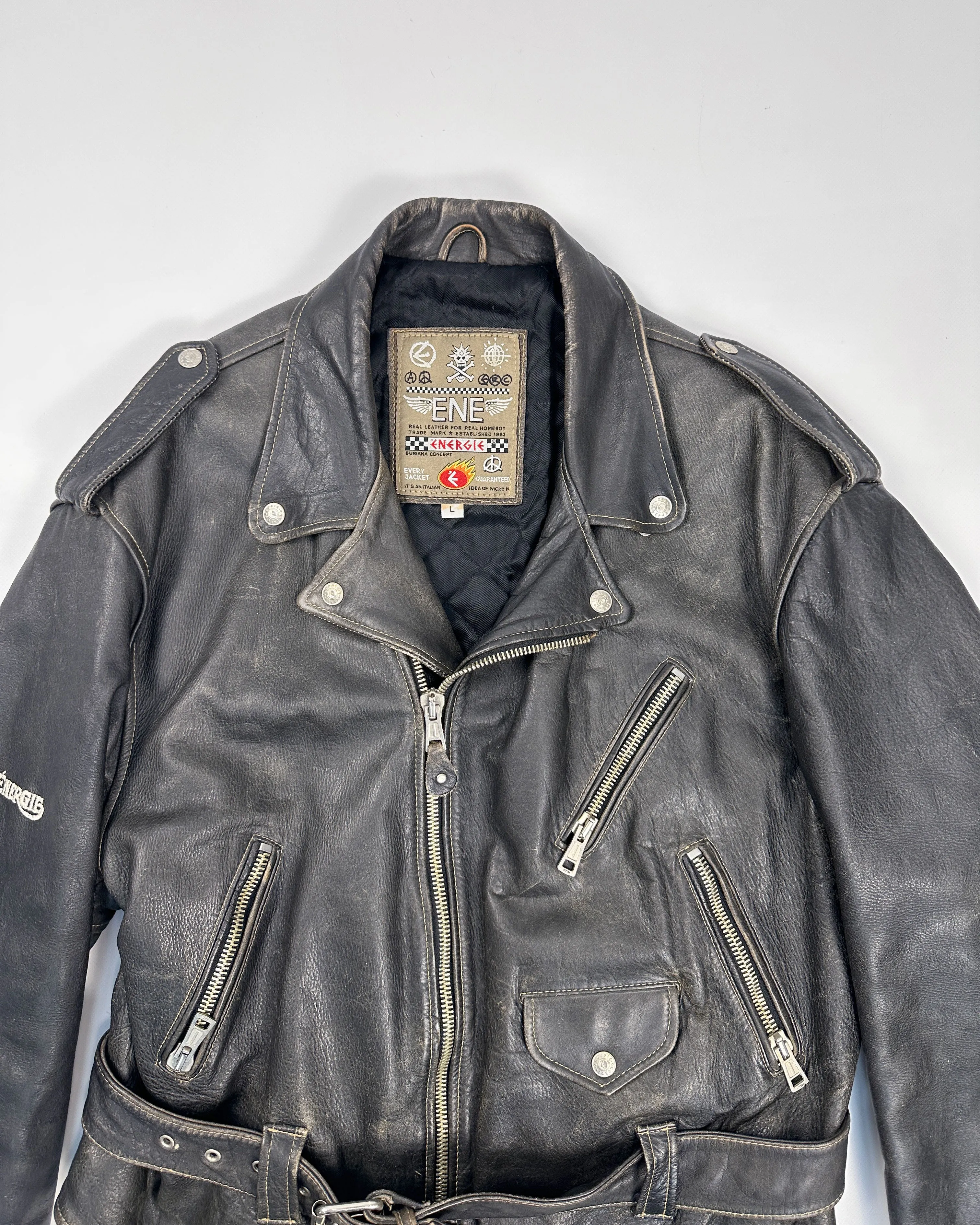 Energie Biker Faded Heavy Leather Jacket 1990's