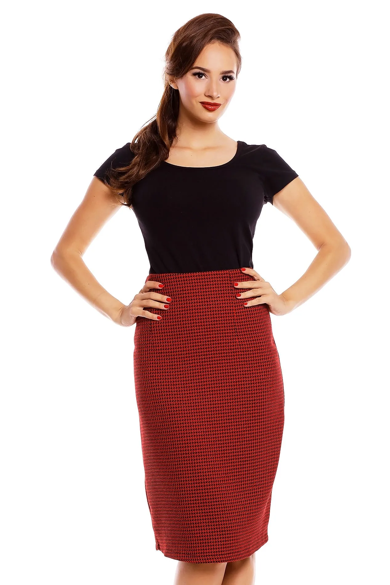 Falda Chic Vintage Inspired Pencil Skirt in Red-Black