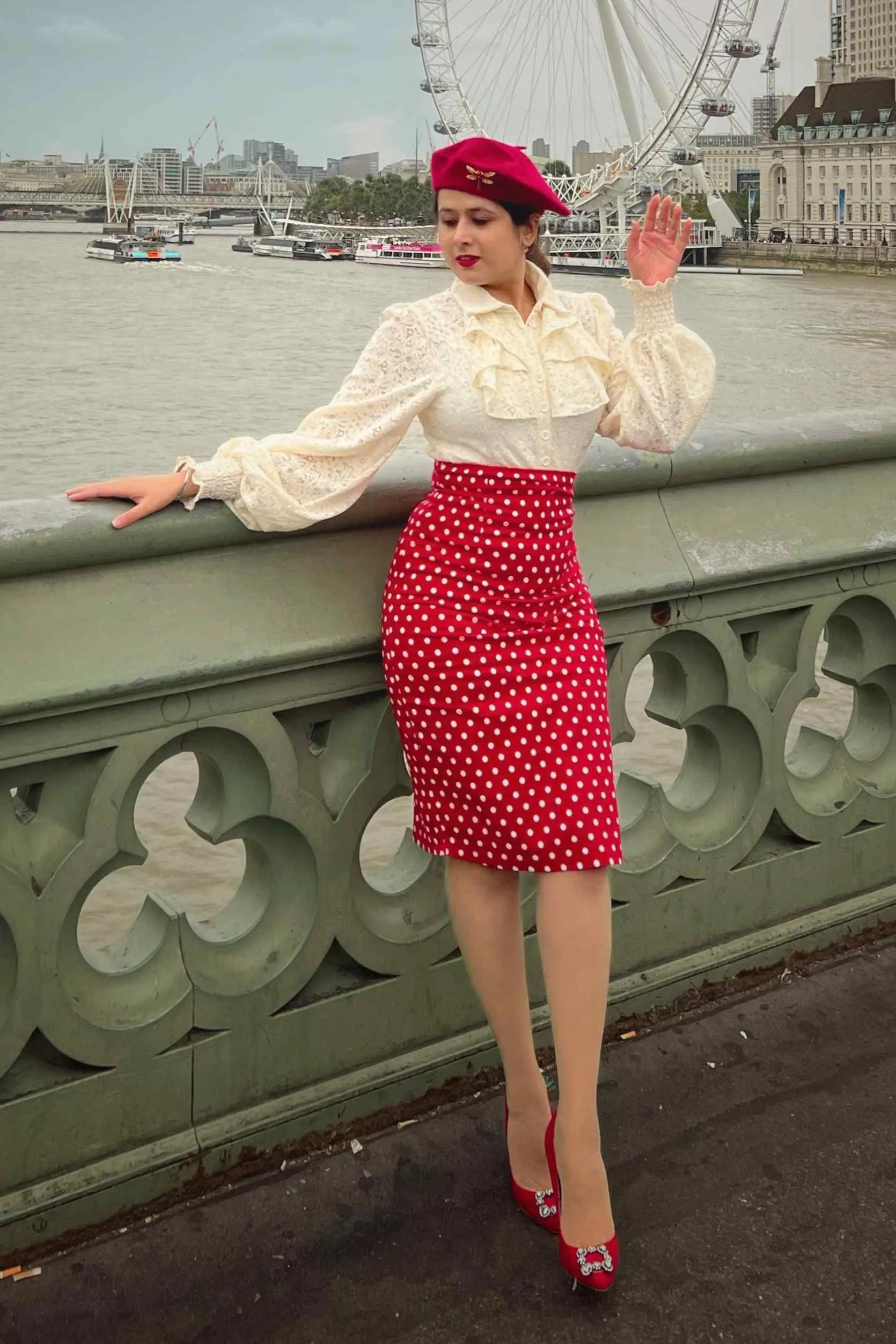 Falda Chic Vintage Inspired Pencil Skirt in Red Polka Print