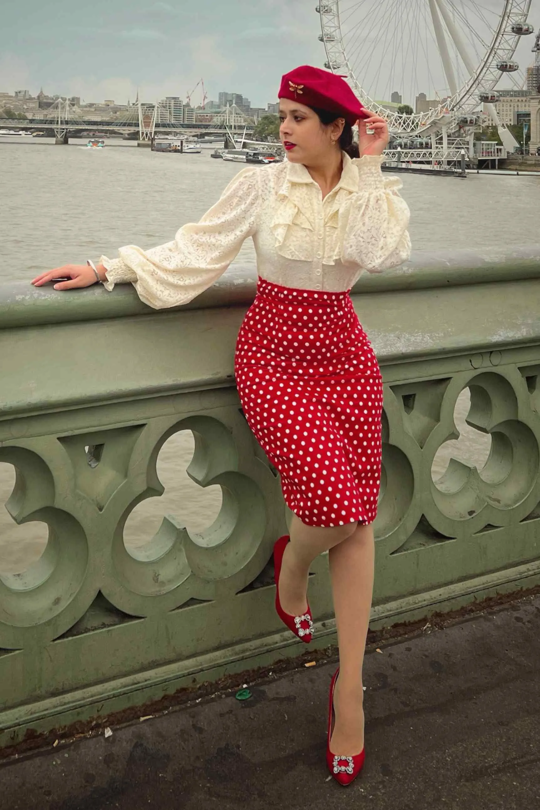 Falda Chic Vintage Inspired Pencil Skirt in Red Polka Print