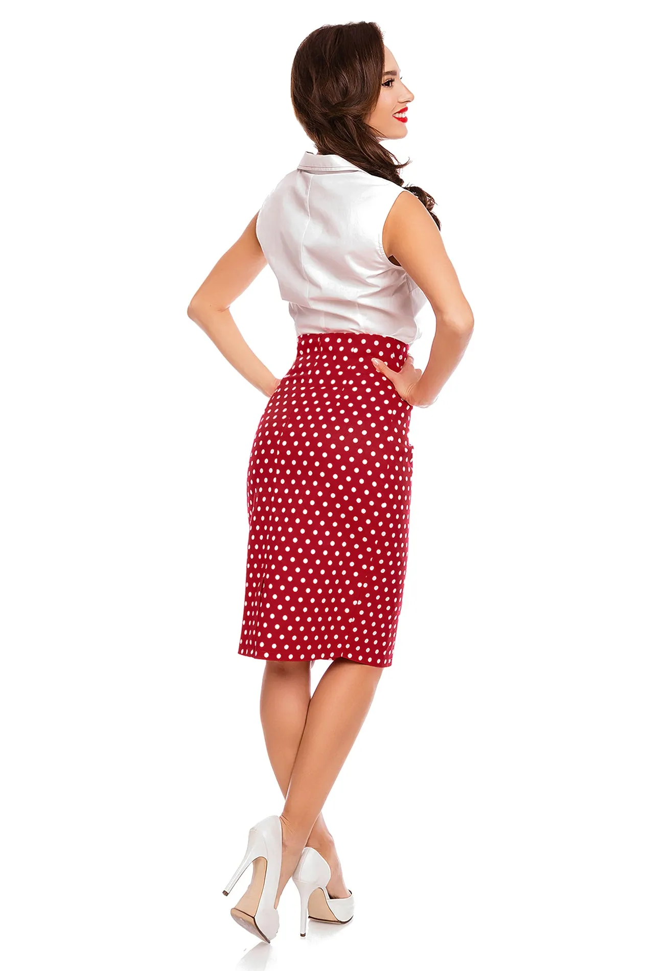 Falda Chic Vintage Inspired Pencil Skirt in Red Polka Print