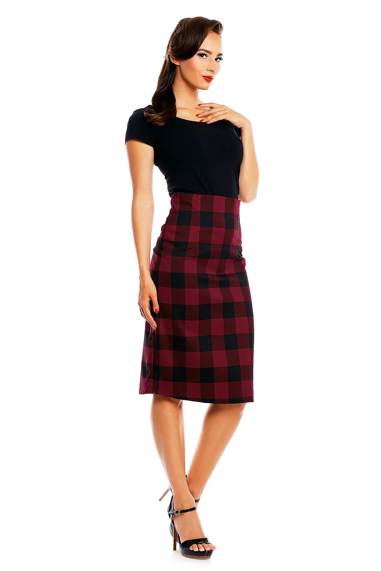 Falda Chic Vintage Pencil Skirt in Red/Black Check Print