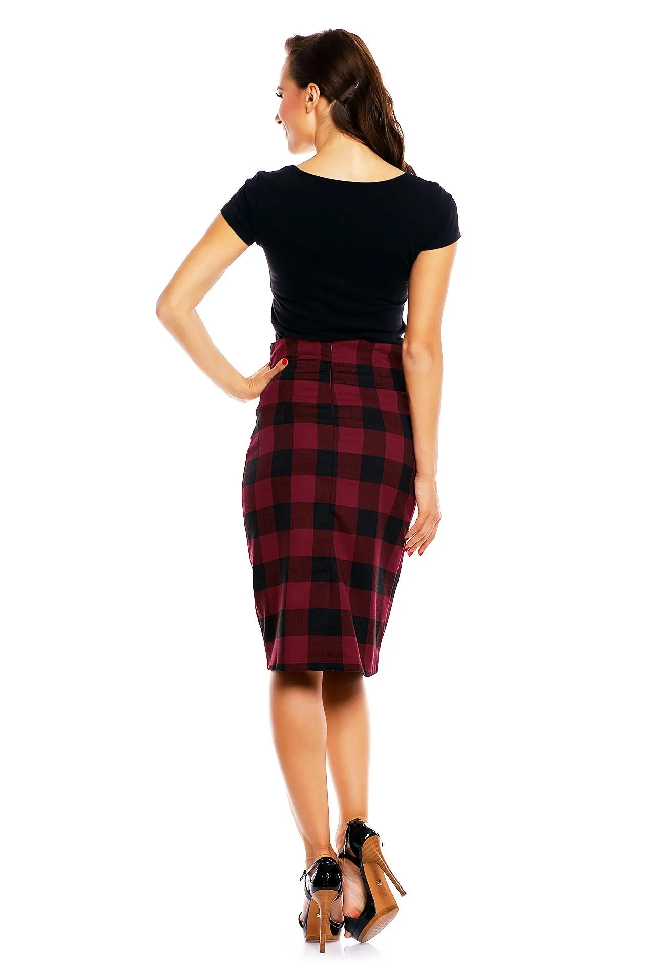 Falda Chic Vintage Pencil Skirt in Red/Black Check Print