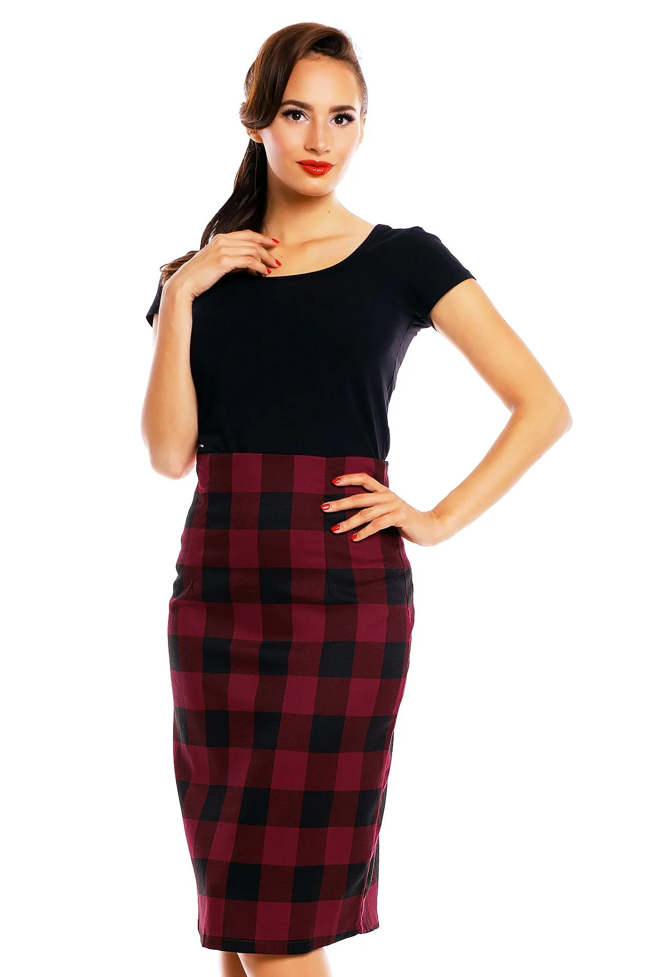 Falda Chic Vintage Pencil Skirt in Red/Black Check Print