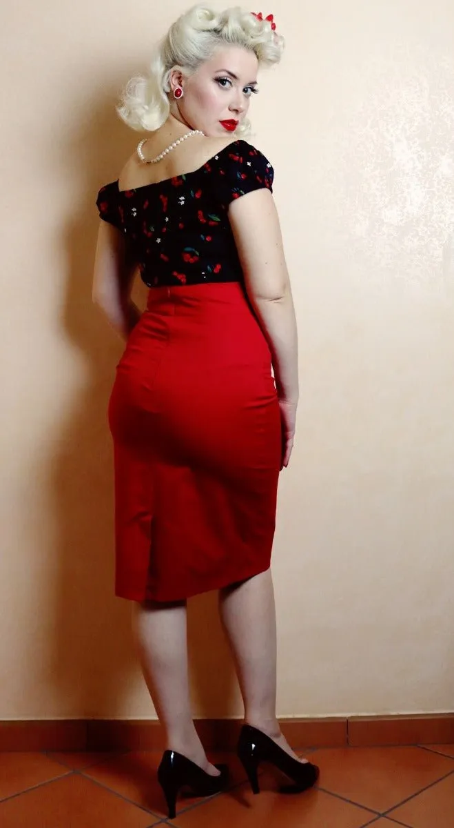 Falda Vintage 50s Style Pencil Skirt in Burgundy Red